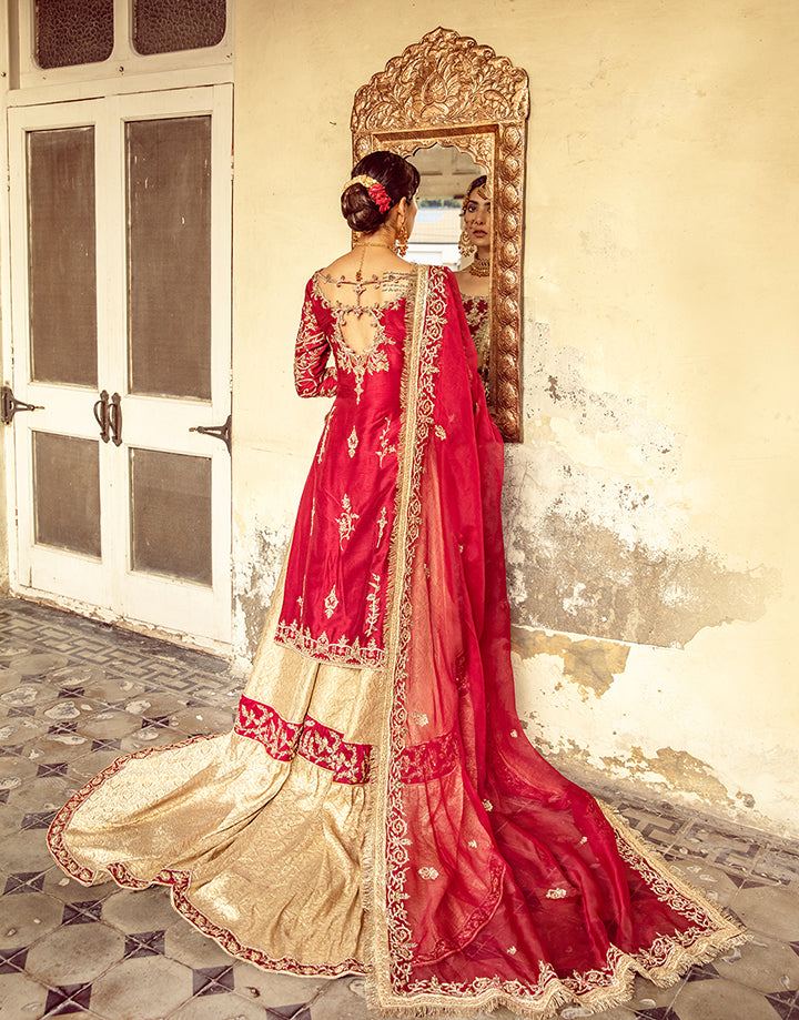 Crimson Red Handworked Silk Gharara Set (3-Piece) - Image 7