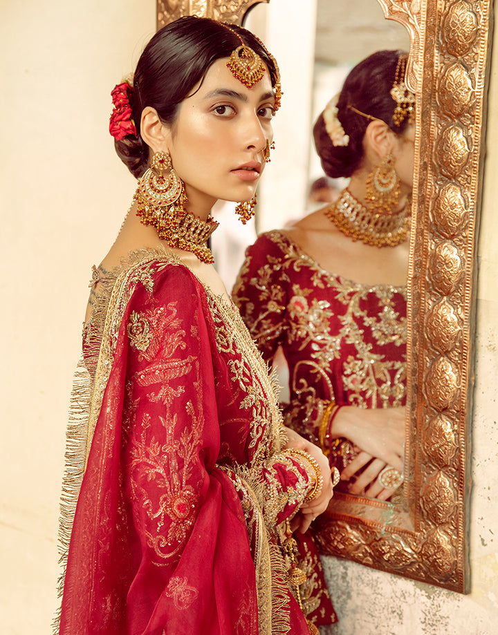 Crimson Red Handworked Silk Gharara Set (3-Piece) - Image 8