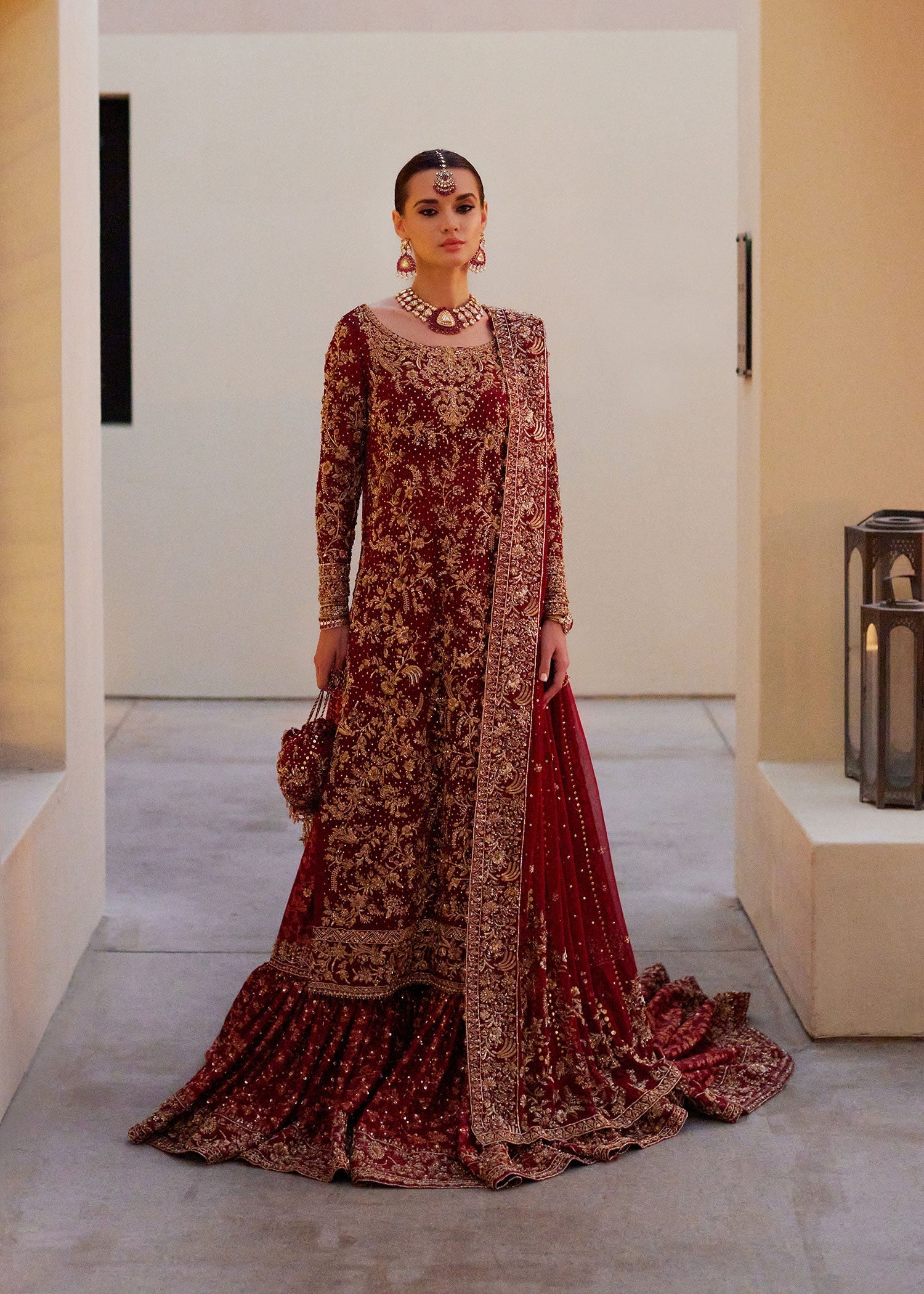 Deep Red Zardozi Chiffon & Jamawar Farshi Gharara (3-Piece) - Image 1