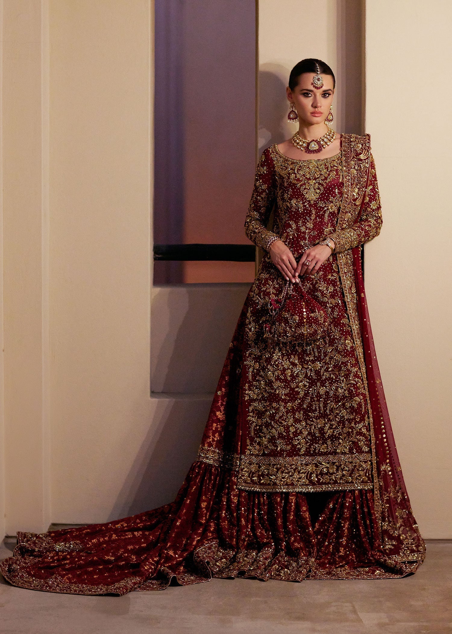 Deep Red Zardozi Chiffon & Jamawar Farshi Gharara (3-Piece) - Image 2