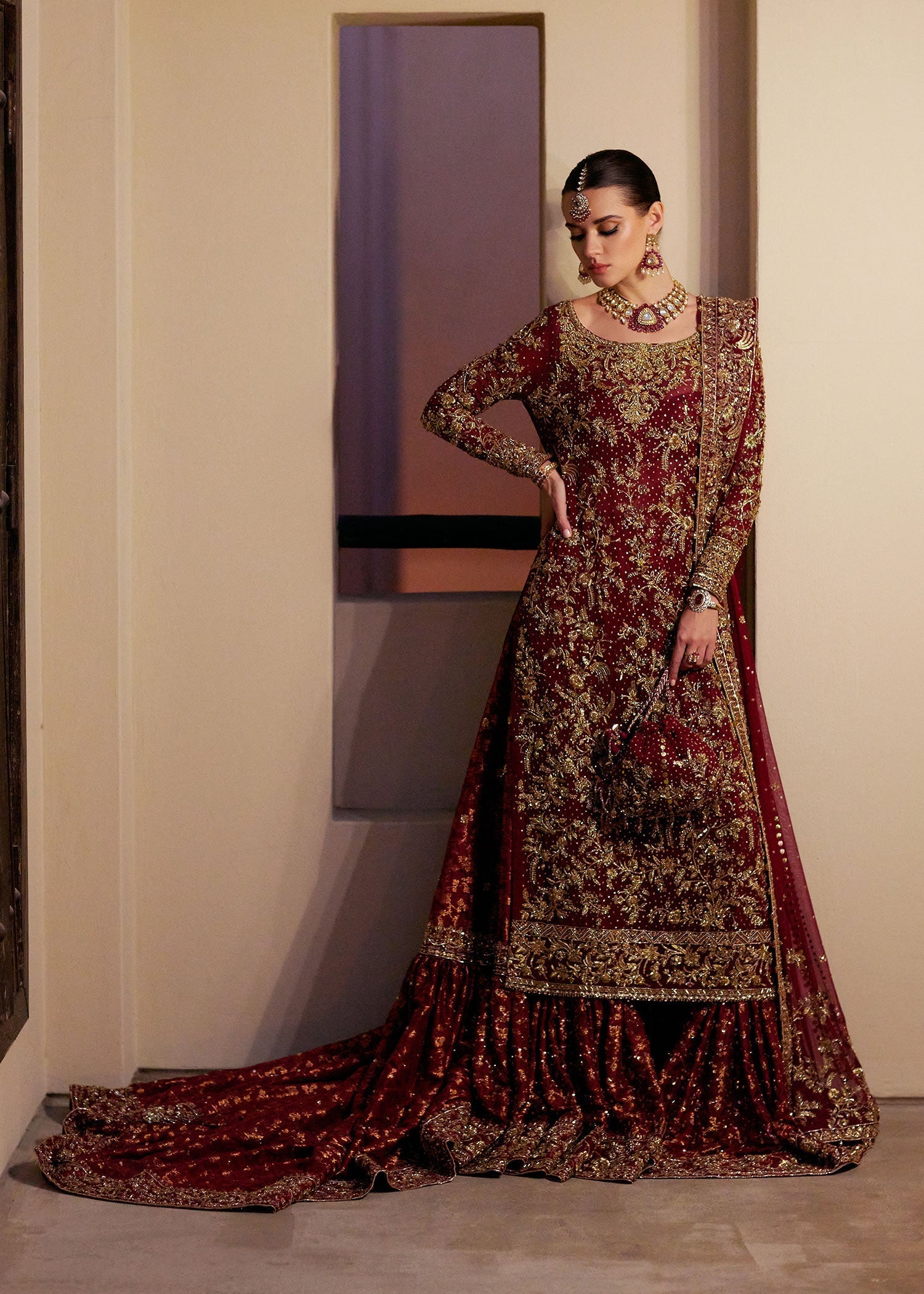 Deep Red Zardozi Chiffon & Jamawar Farshi Gharara (3-Piece) - Image 3