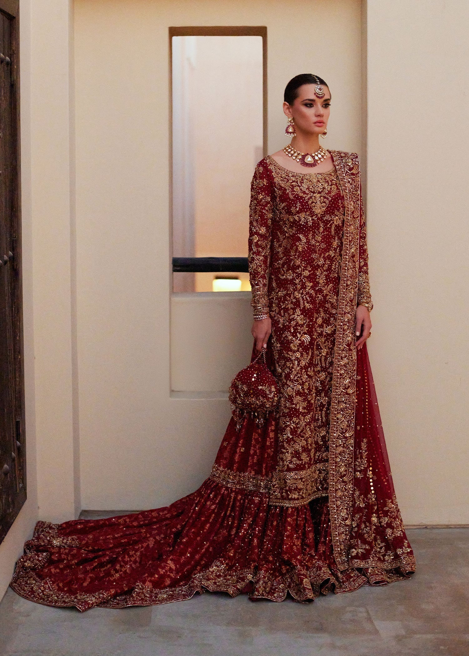 Deep Red Zardozi Chiffon & Jamawar Farshi Gharara (3-Piece) - Image 4