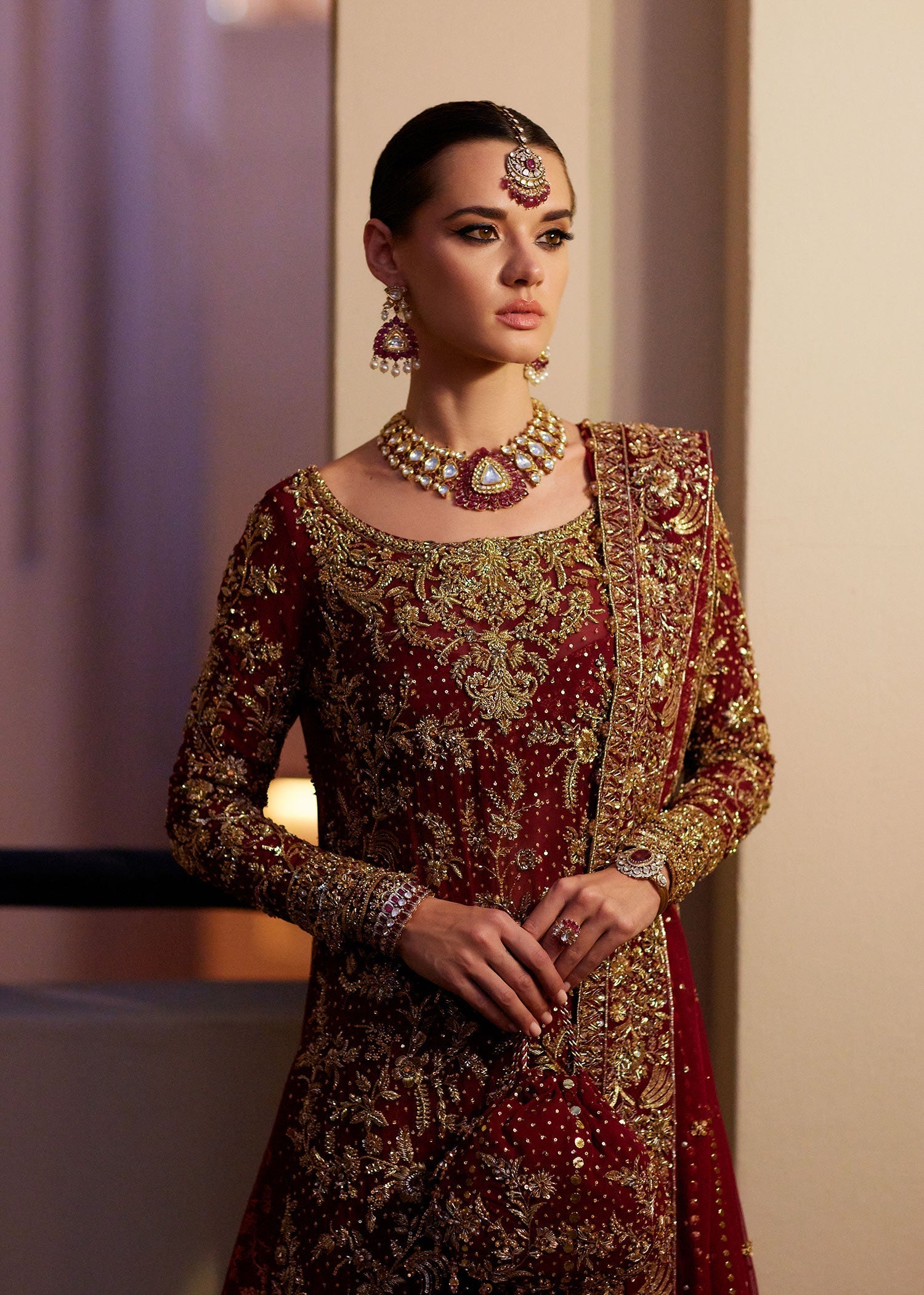Deep Red Zardozi Chiffon & Jamawar Farshi Gharara (3-Piece) - Image 5