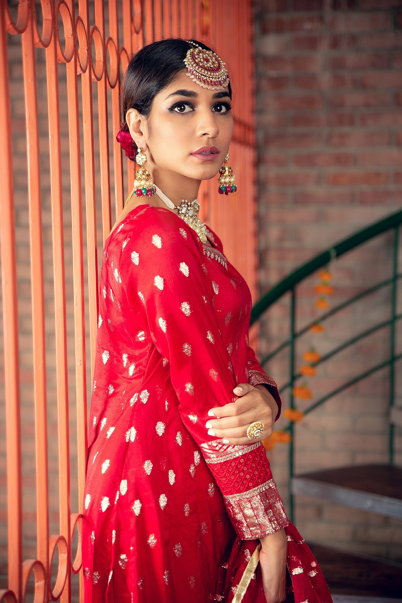 Red Kacha Tilla Karandi Gharara Set (3-Piece) - Image 1