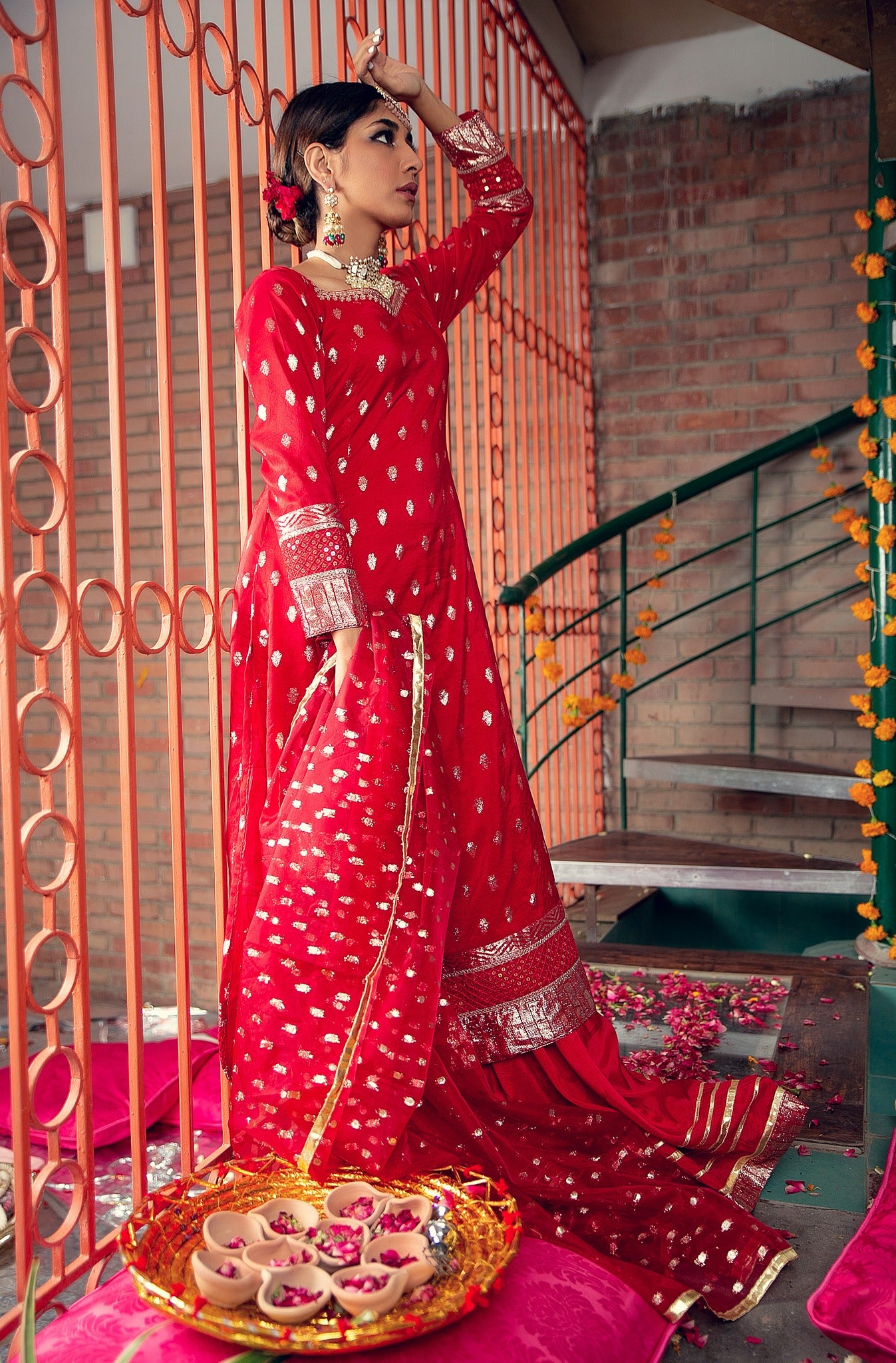 Red Kacha Tilla Karandi Gharara Set (3-Piece) - Image 2