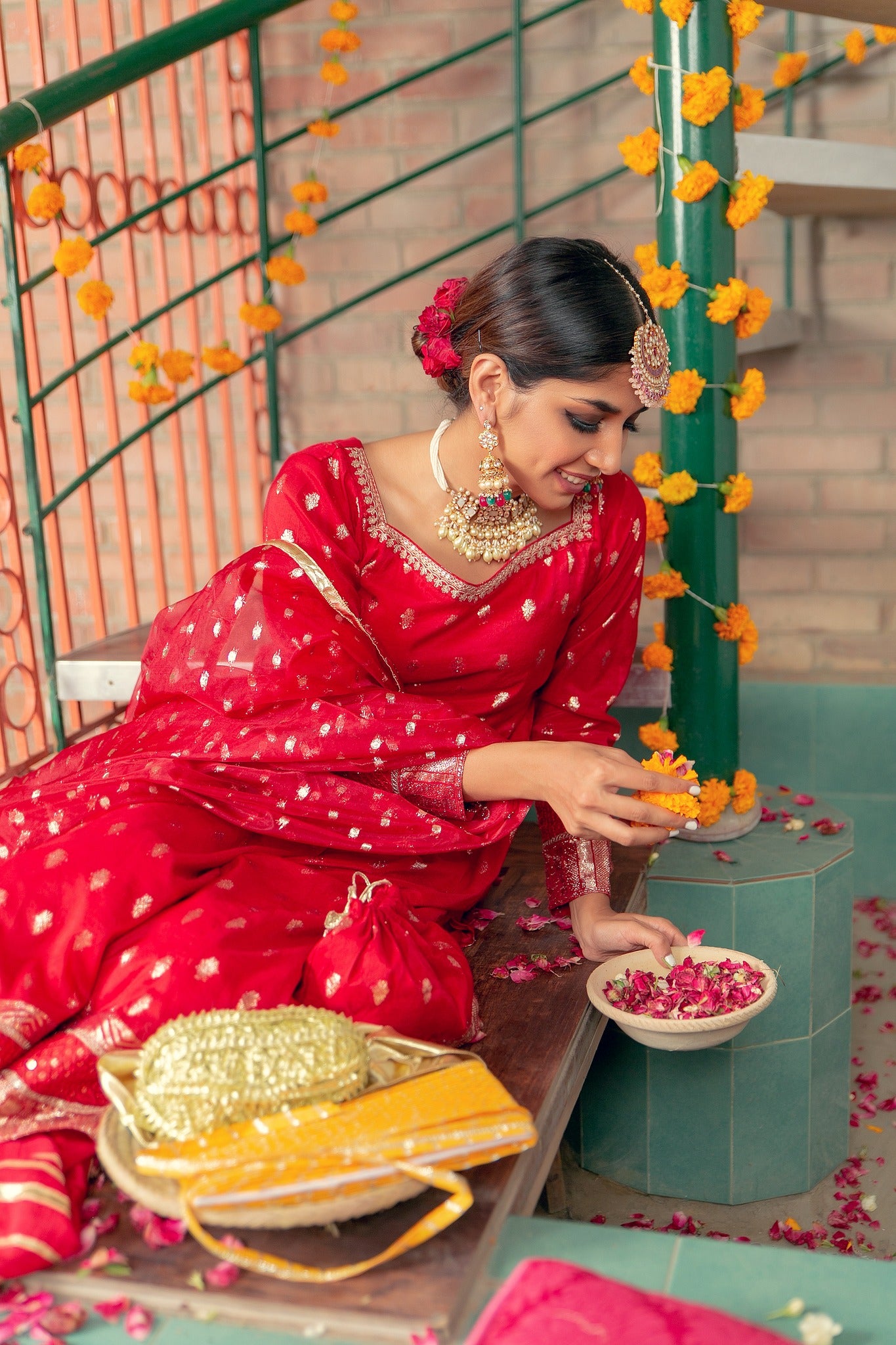 Red Kacha Tilla Karandi Gharara Set (3-Piece) - Image 4