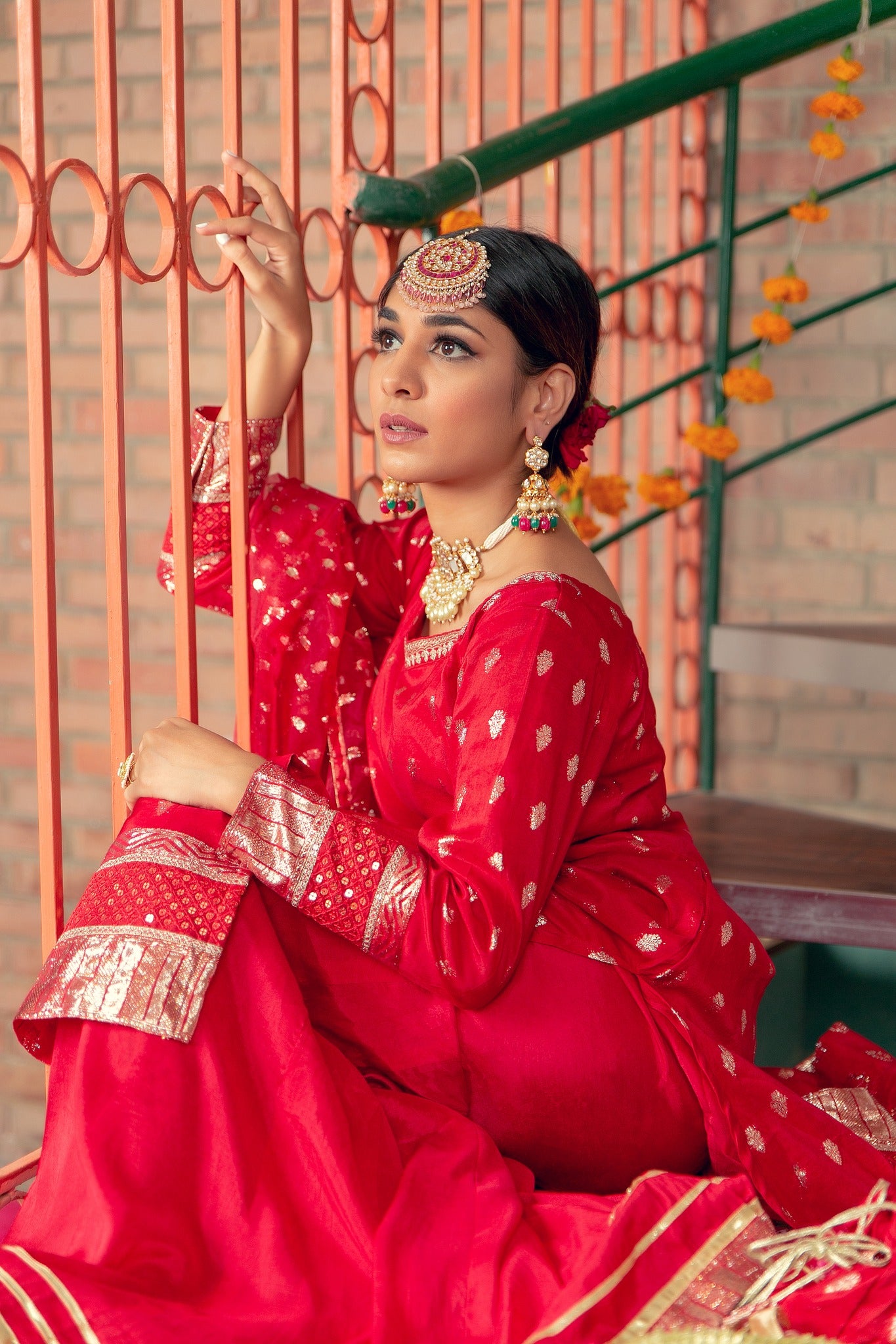 Red Kacha Tilla Karandi Gharara Set (3-Piece) - Image 6