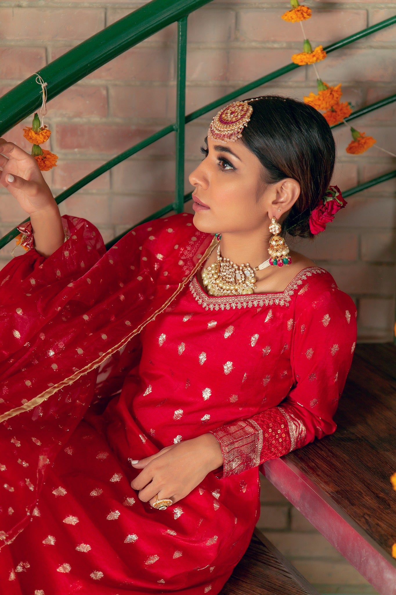 Red Kacha Tilla Karandi Gharara Set (3-Piece) - Image 7