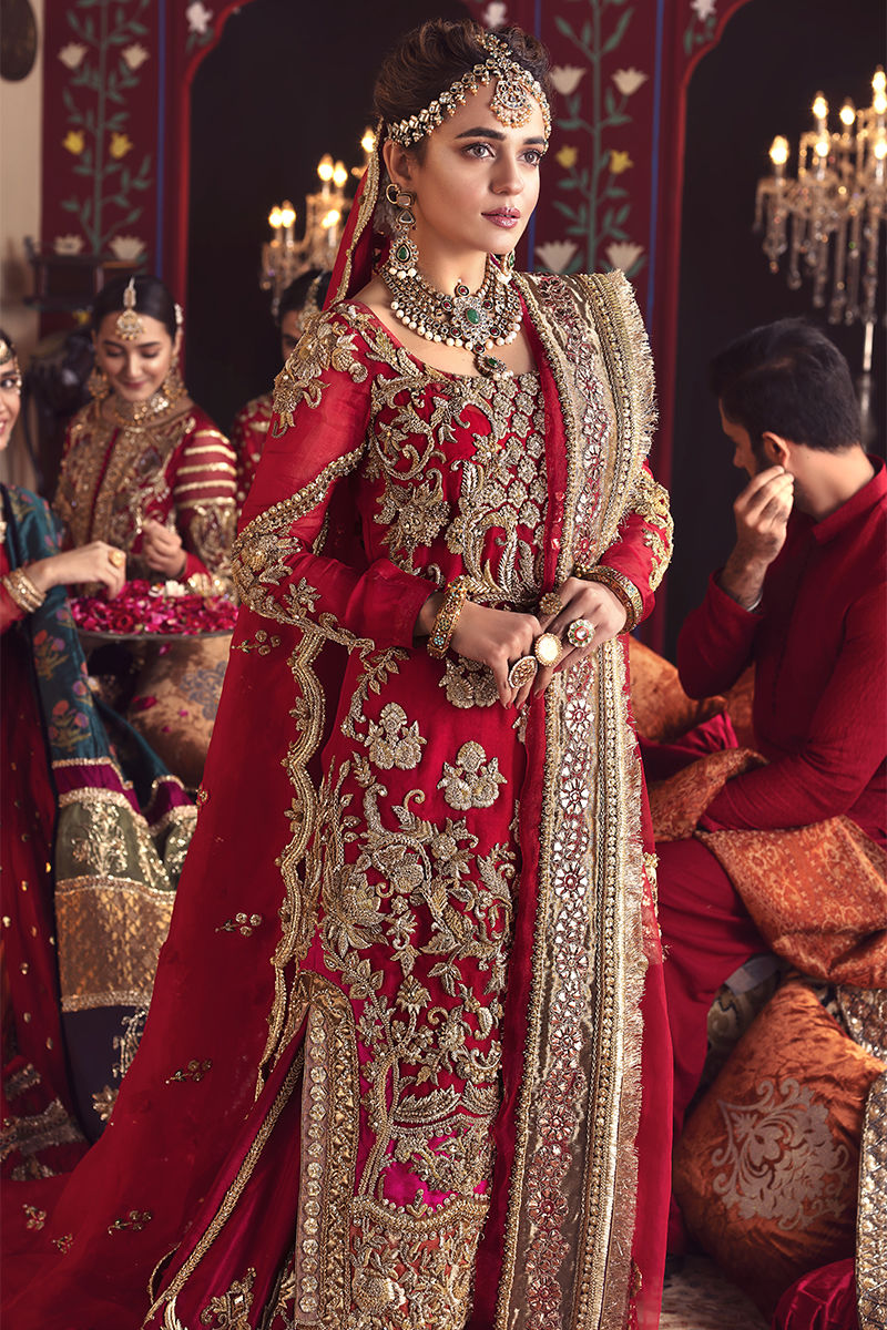 Deep Red Zardozi Katan Organza Bridal Gharara (3-Piece) - Image 3