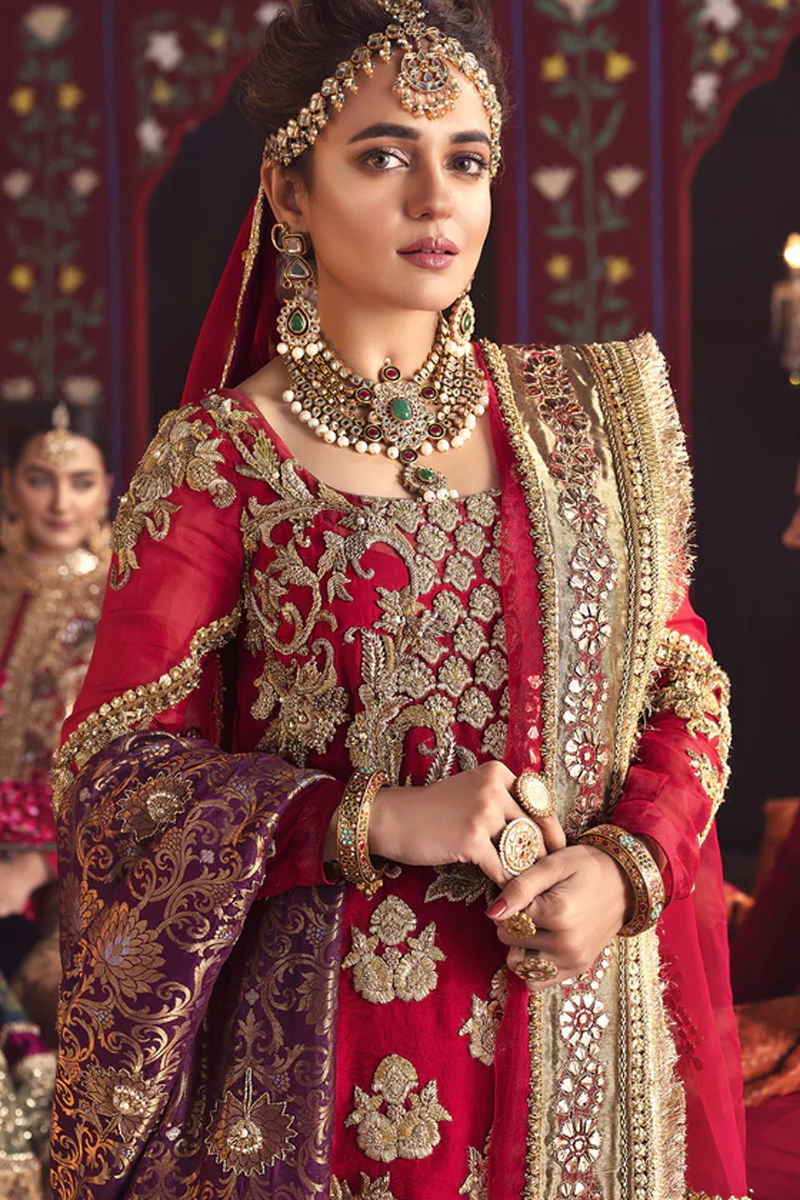 Deep Red Zardozi Katan Organza Bridal Gharara (3-Piece) - Image 4