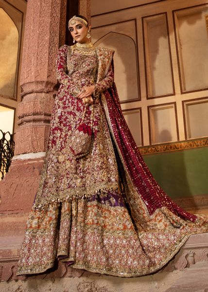 Red Dabka Mukesh Keemkhab Farshi Gharara (3-Piece) - Image 1