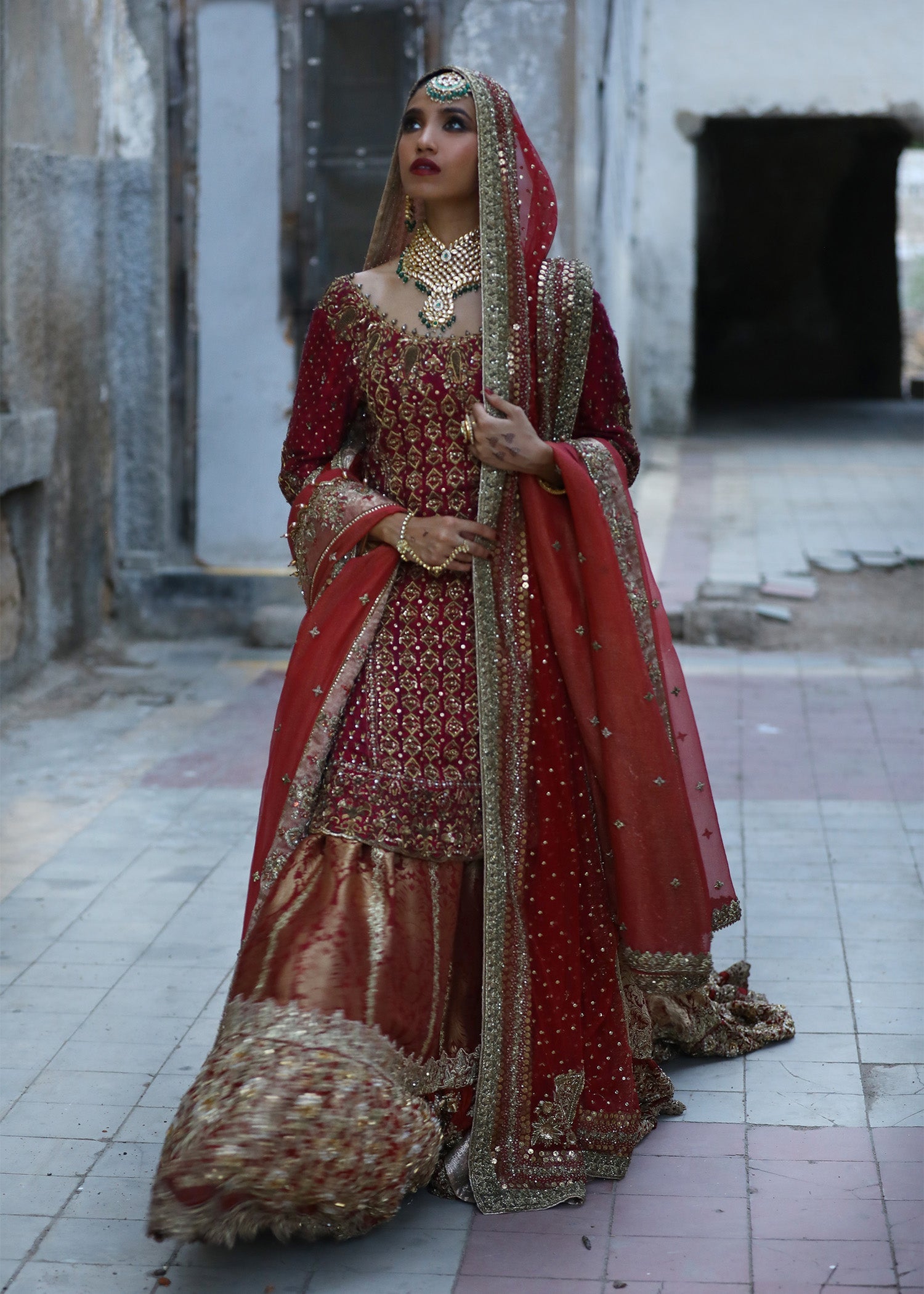 Cranberry Red Zardozi Silk Farshi Gharara (3-Piece) - Image 4