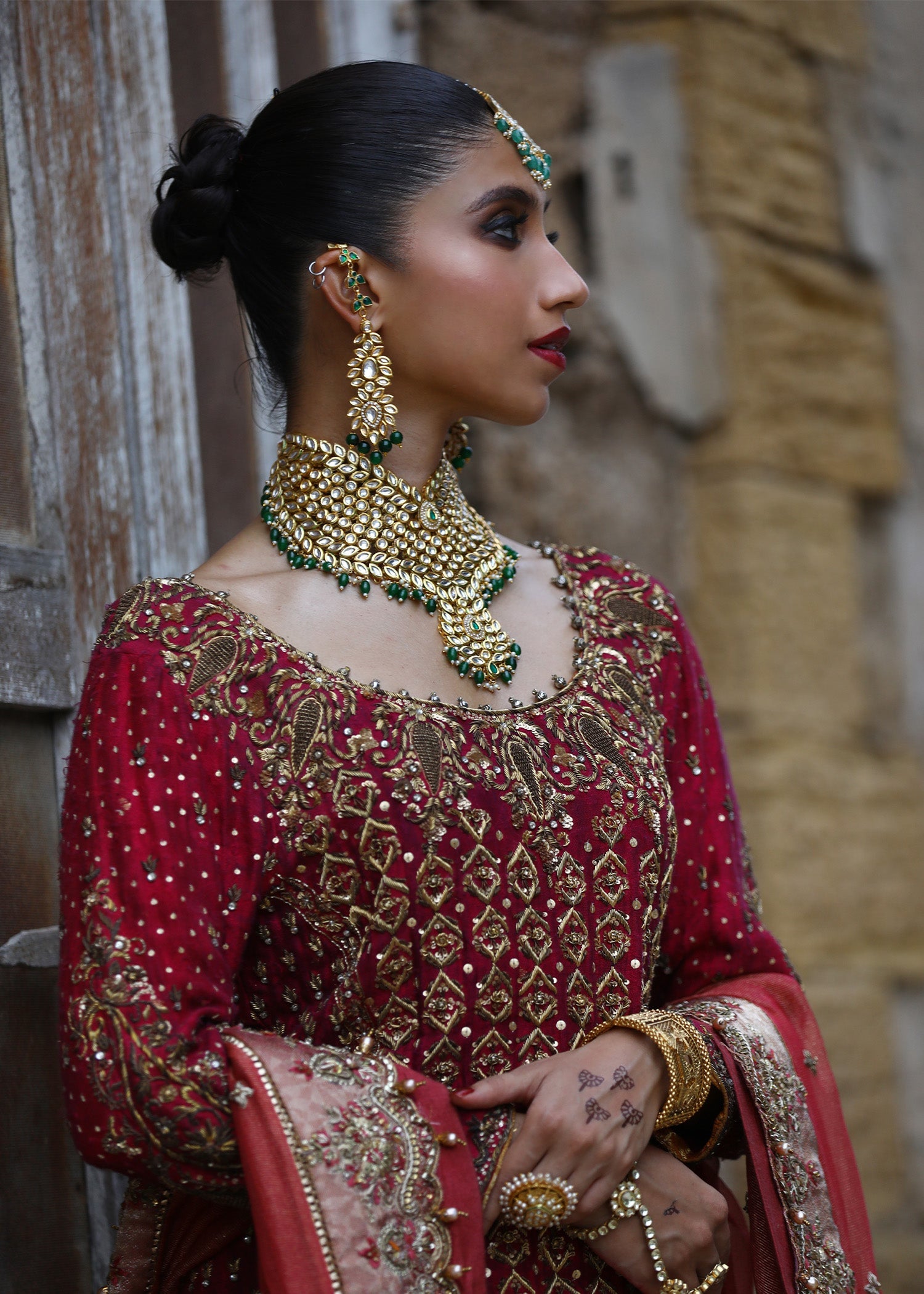 Cranberry Red Zardozi Silk Farshi Gharara (3-Piece) - Image 5