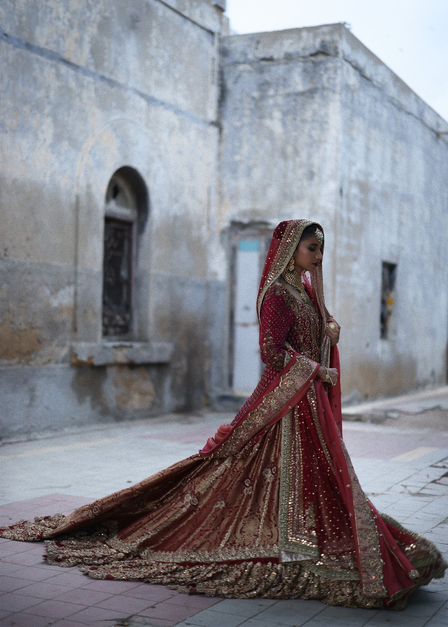 Cranberry Red Zardozi Silk Farshi Gharara (3-Piece) - Image 7