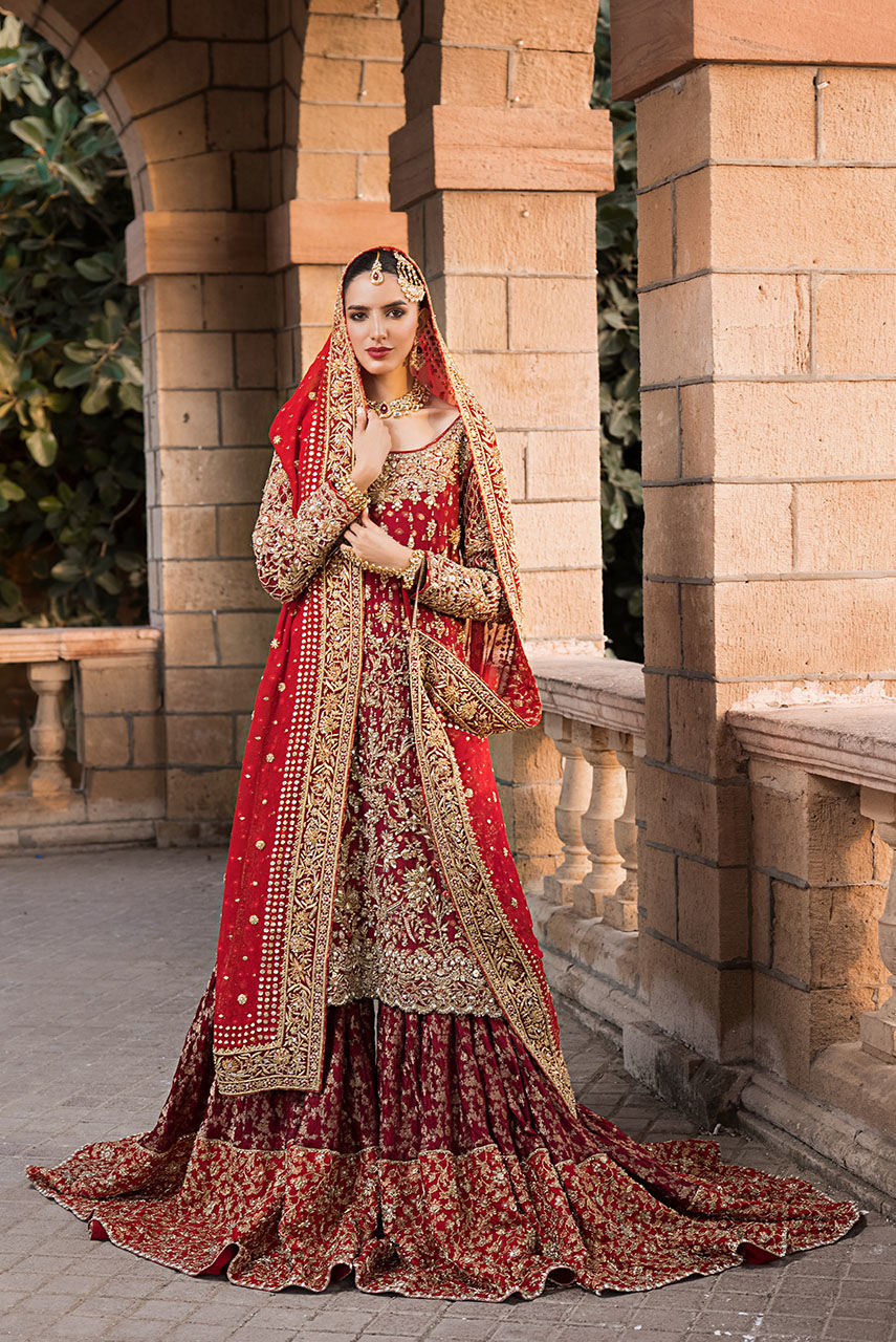 Pakistani Red Embellished Khaddi Net & Jamawar Gharara (3-Piece) - Image 2