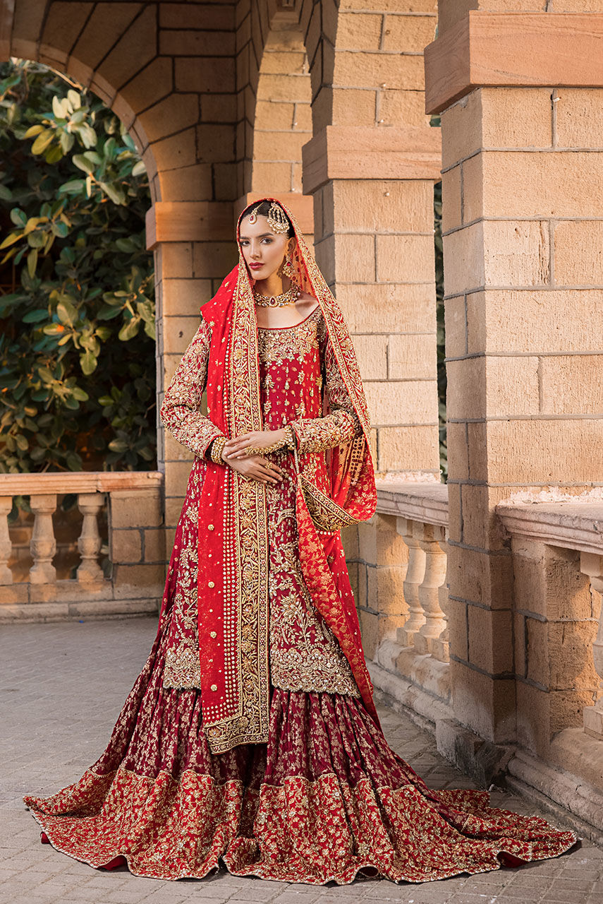 Pakistani Red Embellished Khaddi Net & Jamawar Gharara (3-Piece) - Image 3