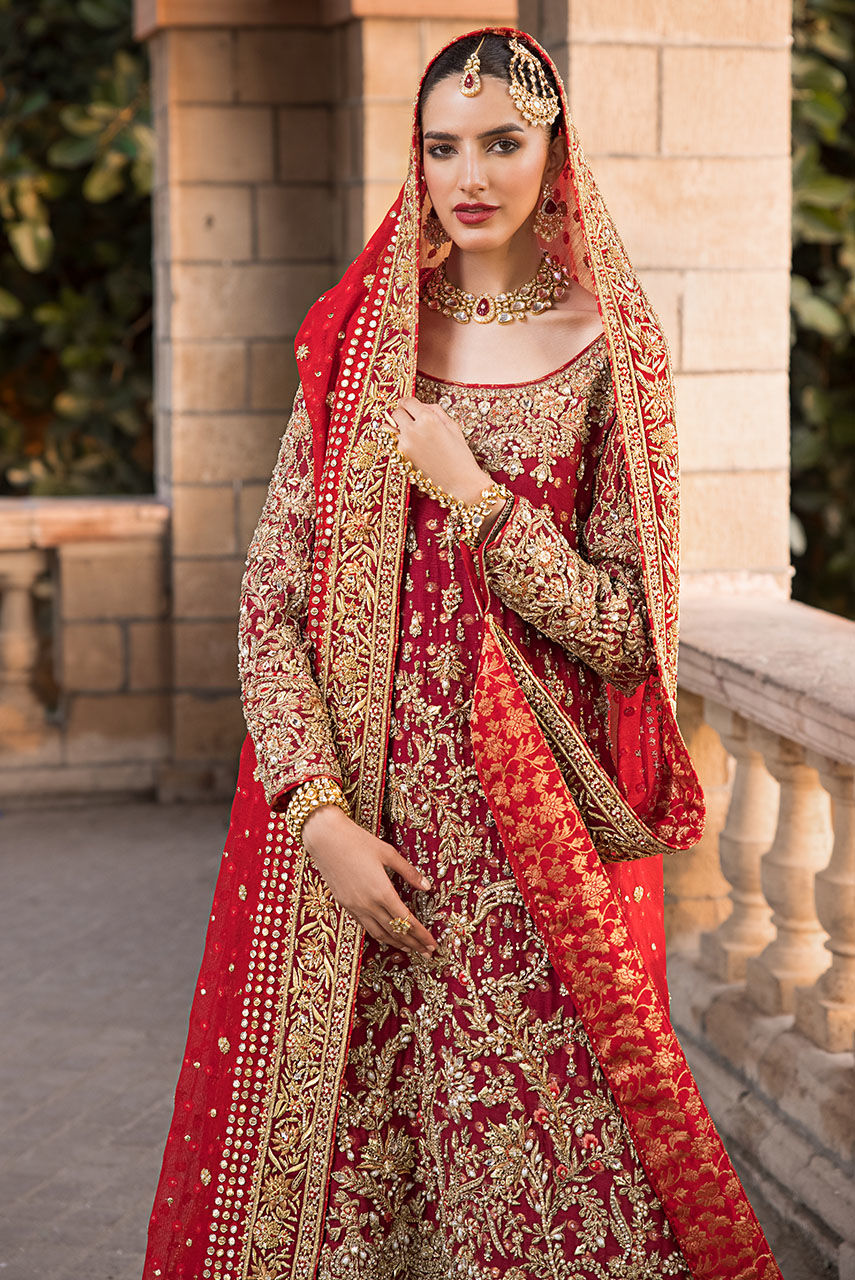 Pakistani Red Embellished Khaddi Net & Jamawar Gharara (3-Piece) - Image 4
