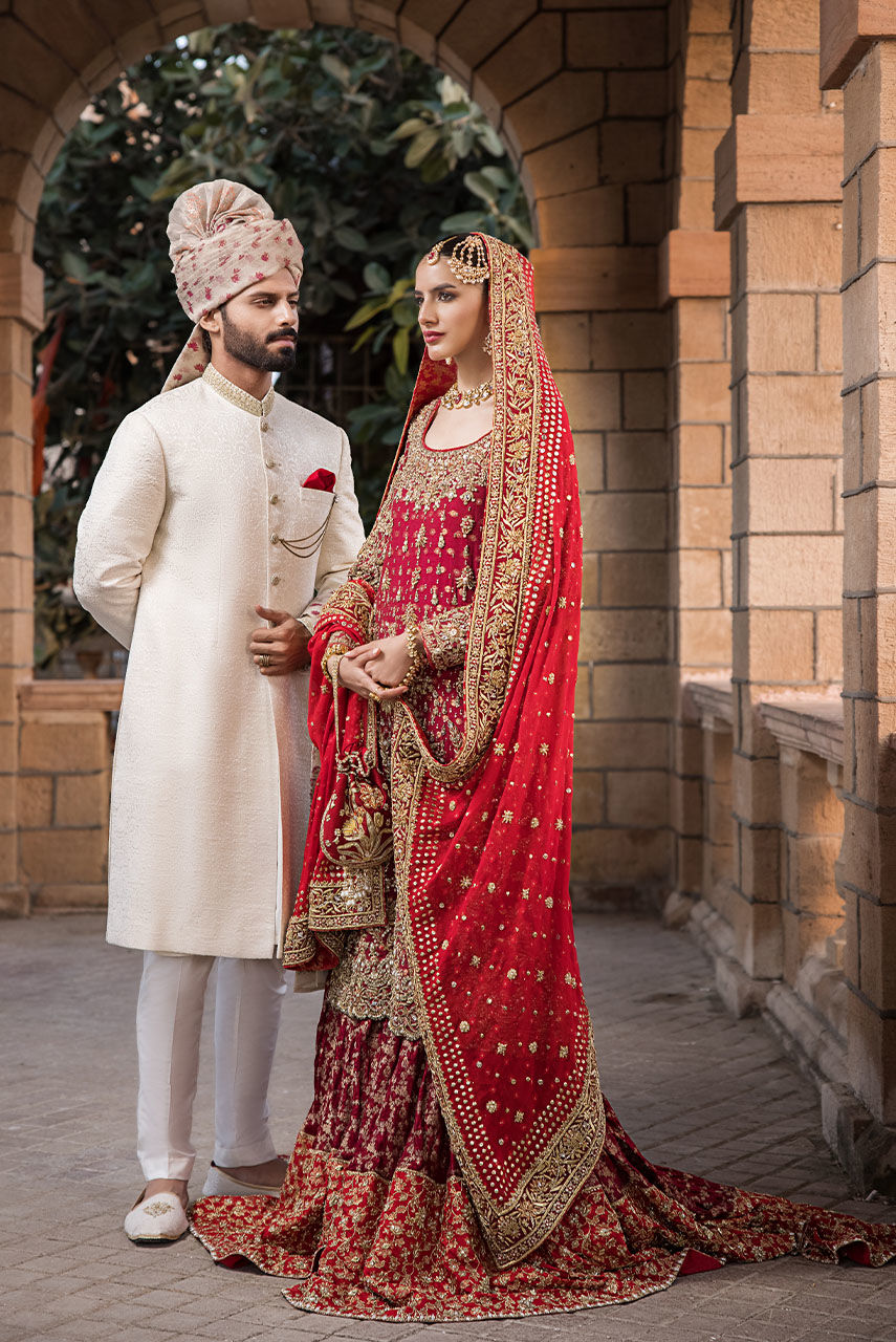 Pakistani Red Embellished Khaddi Net & Jamawar Gharara (3-Piece) - Image 5