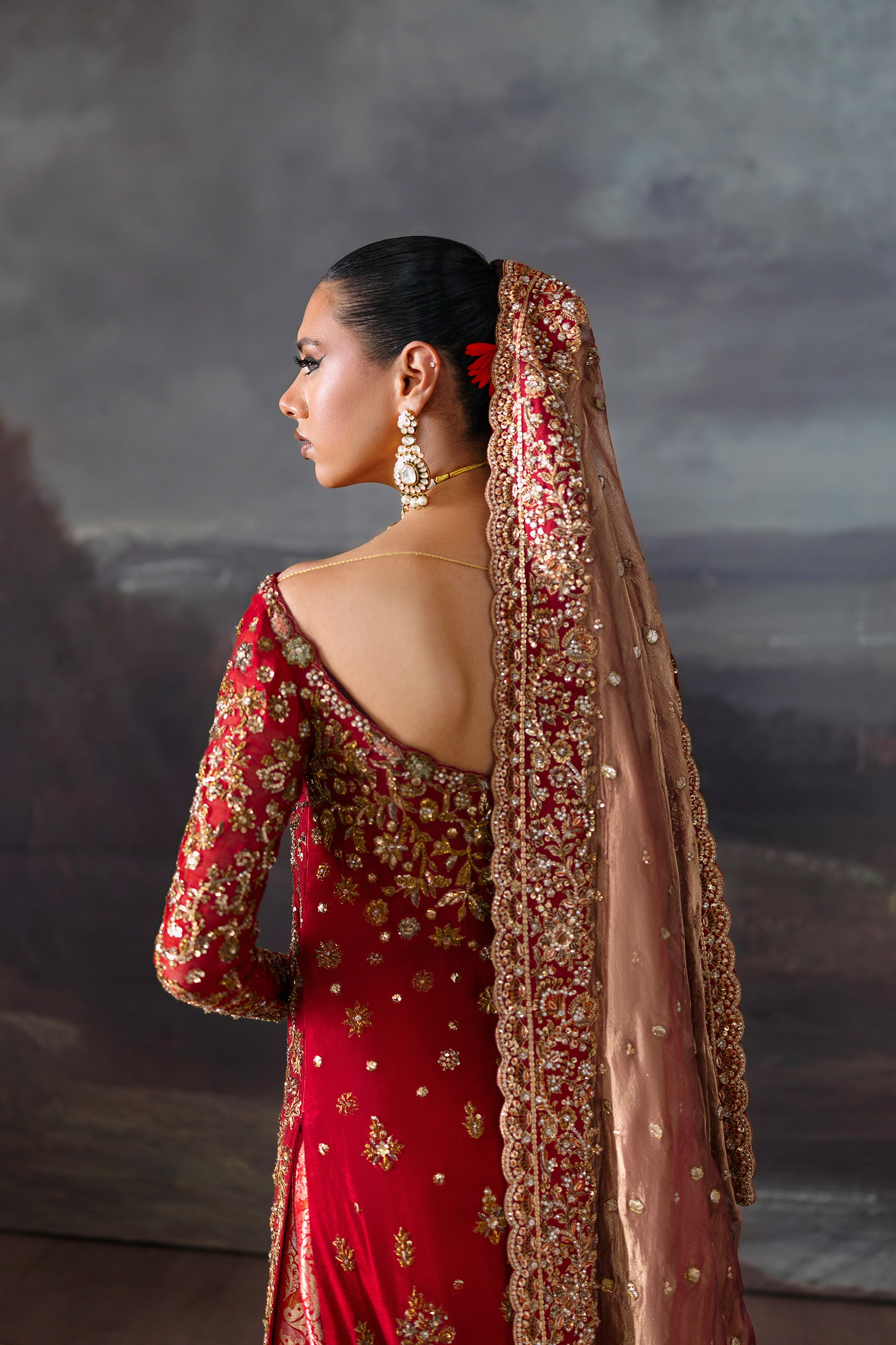 Deep Red Embroidered Khaddi Silk Pishwas (3-Piece) - Image 5