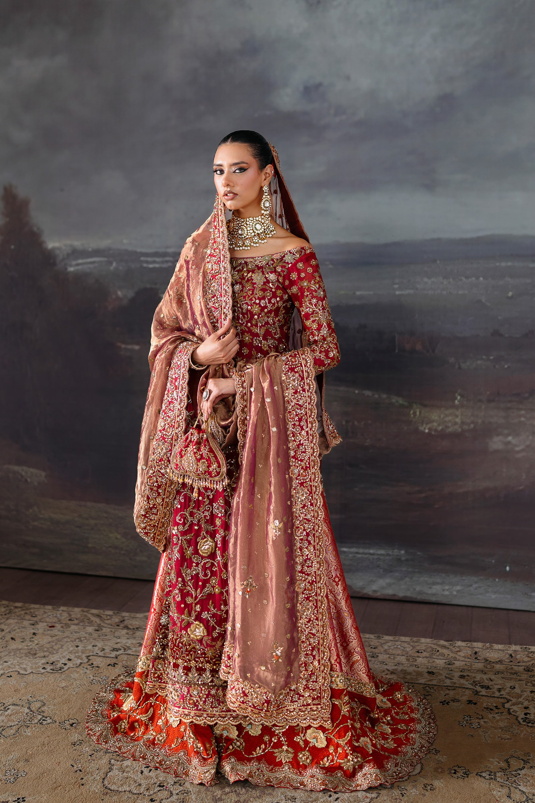 Deep Red Embroidered Khaddi Silk Bridal Pishwas (4-Piece) - Image 1