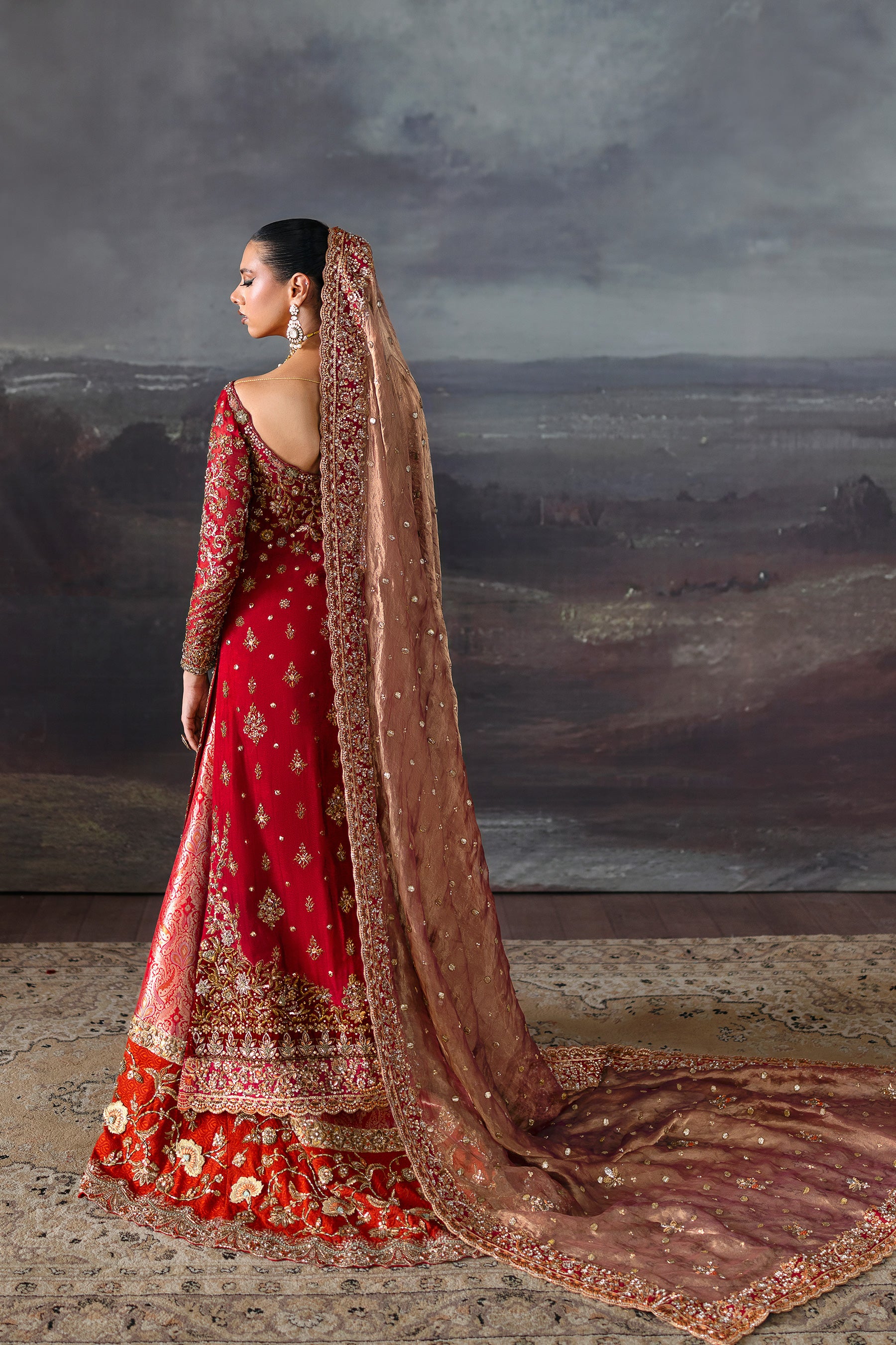 Deep Red Embroidered Khaddi Silk Bridal Pishwas (4-Piece) - Image 2