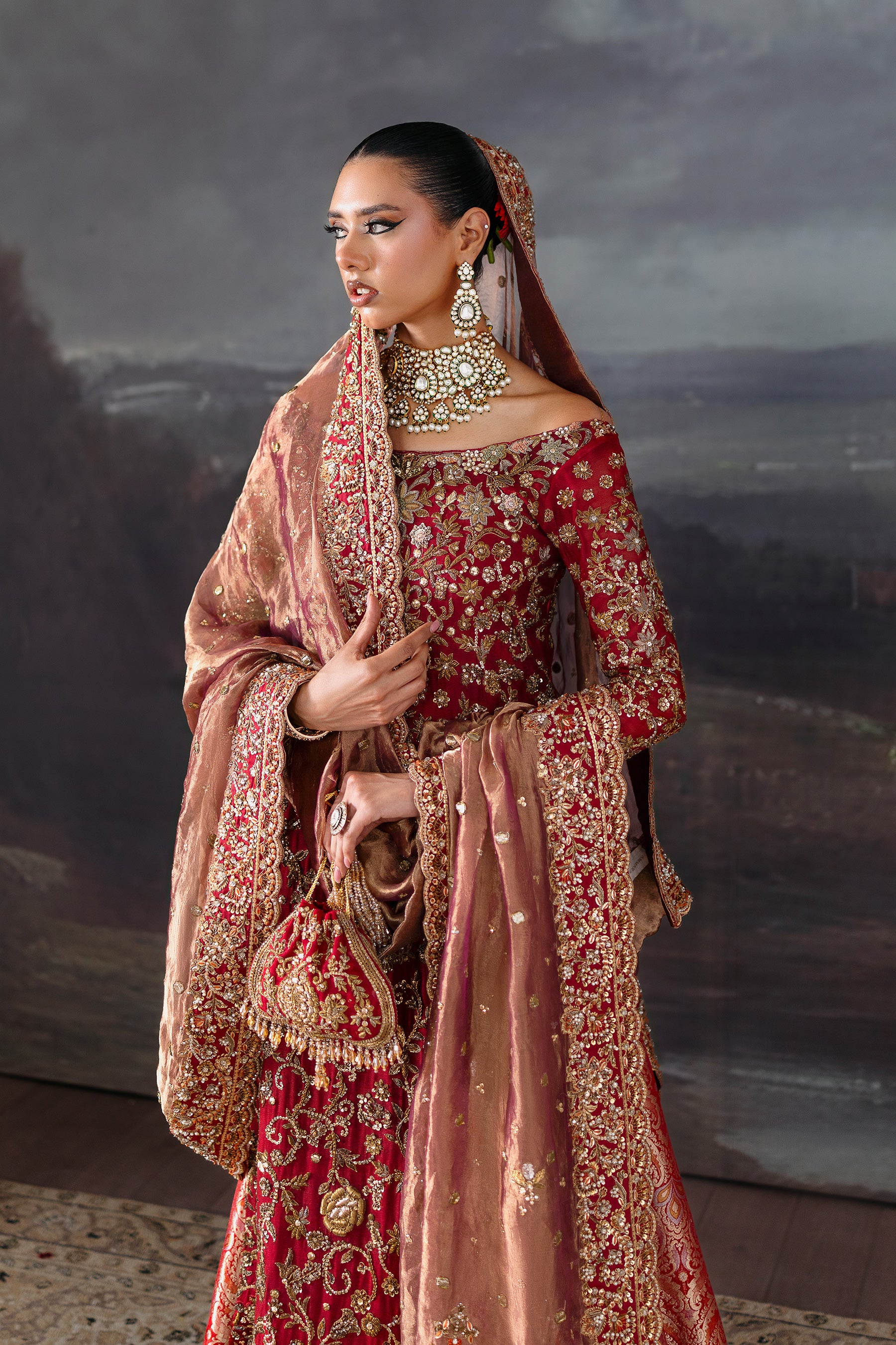 Deep Red Embroidered Khaddi Silk Bridal Pishwas (4-Piece) - Image 3