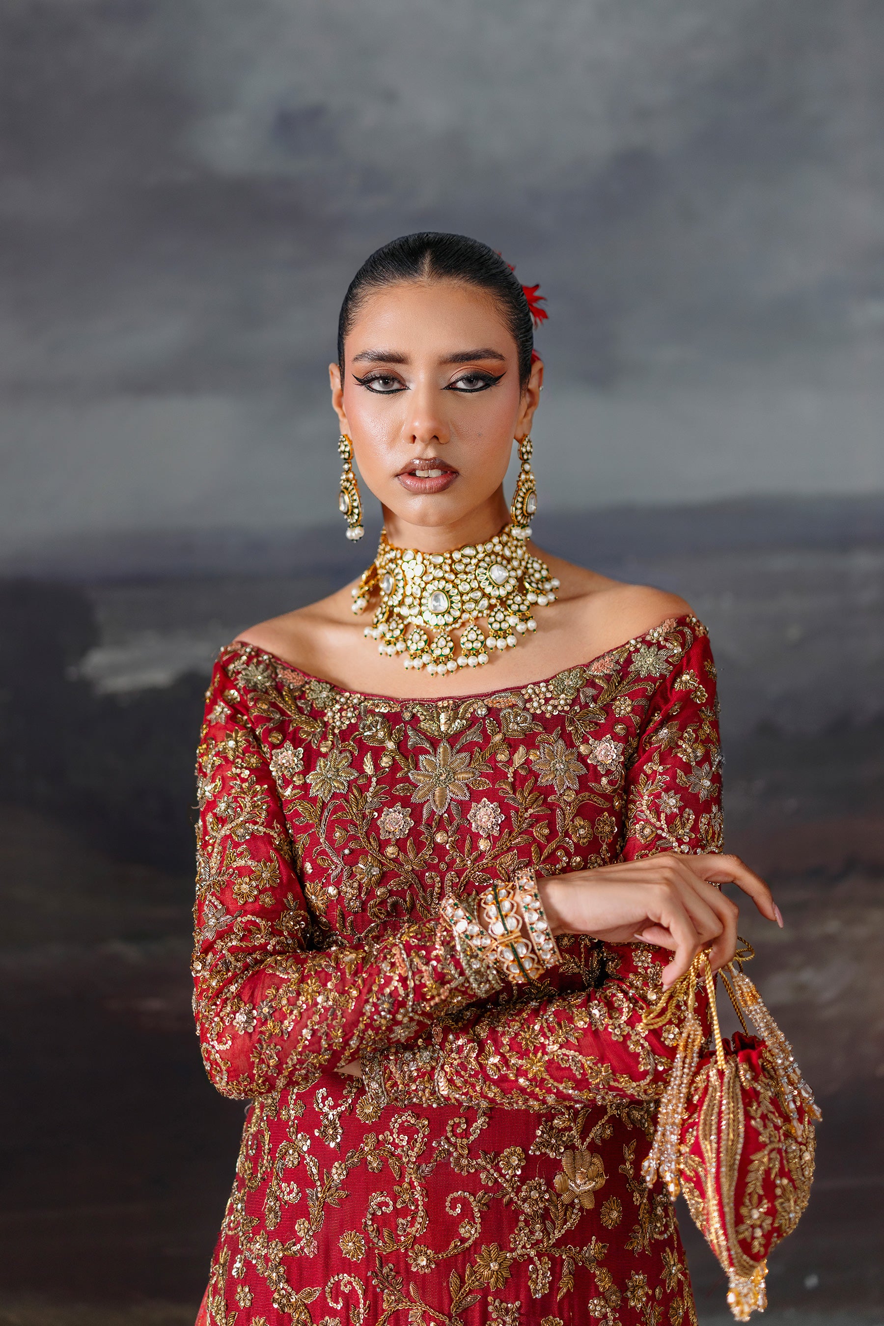 Deep Red Embroidered Khaddi Silk Bridal Pishwas (4-Piece) - Image 4