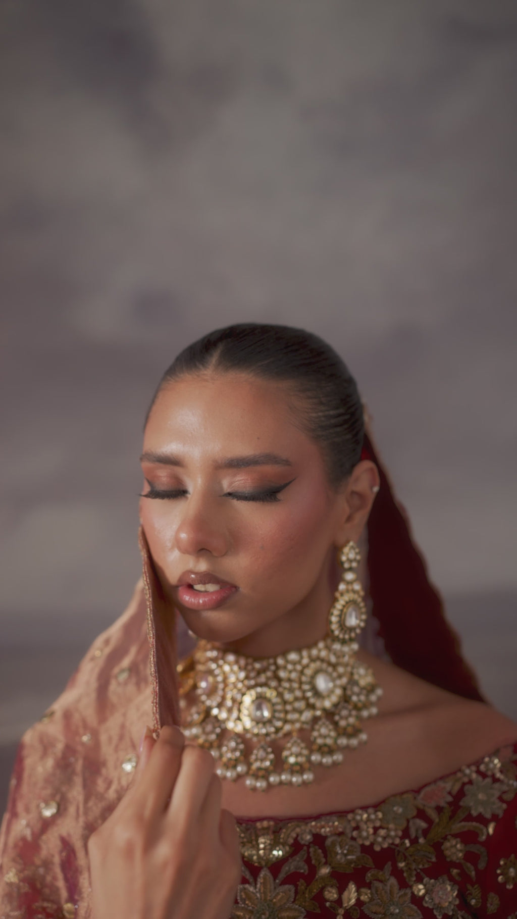 Deep Red Embroidered Khaddi Silk Bridal Pishwas (4-Piece) - Image 6