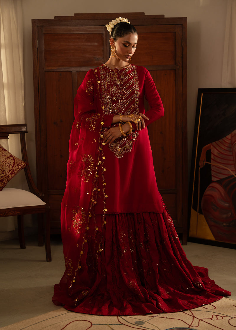 Pakistani Red Embroidered Korean Raw Silk Farshi Gharara (3-Piece) - Image 1