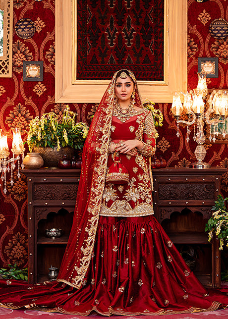 Red Zardozi Net & Rawsilk Bridal Gharara (3-Piece) - Image 1