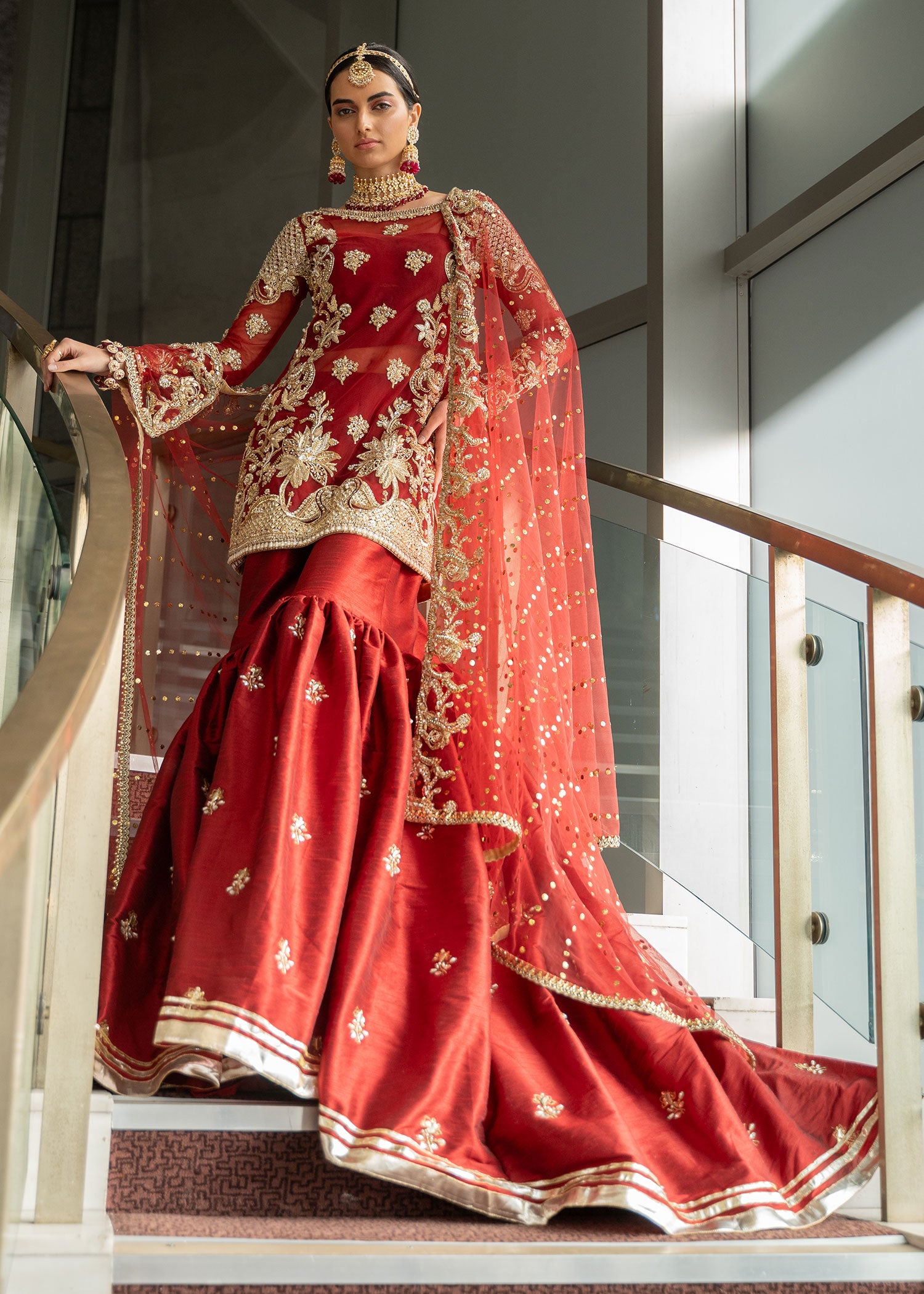 Red Zardozi Net & Rawsilk Bridal Gharara (3-Piece) - Image 3