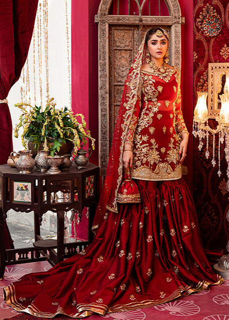 Red Zardozi Net & Rawsilk Bridal Gharara (3-Piece) - Image 5