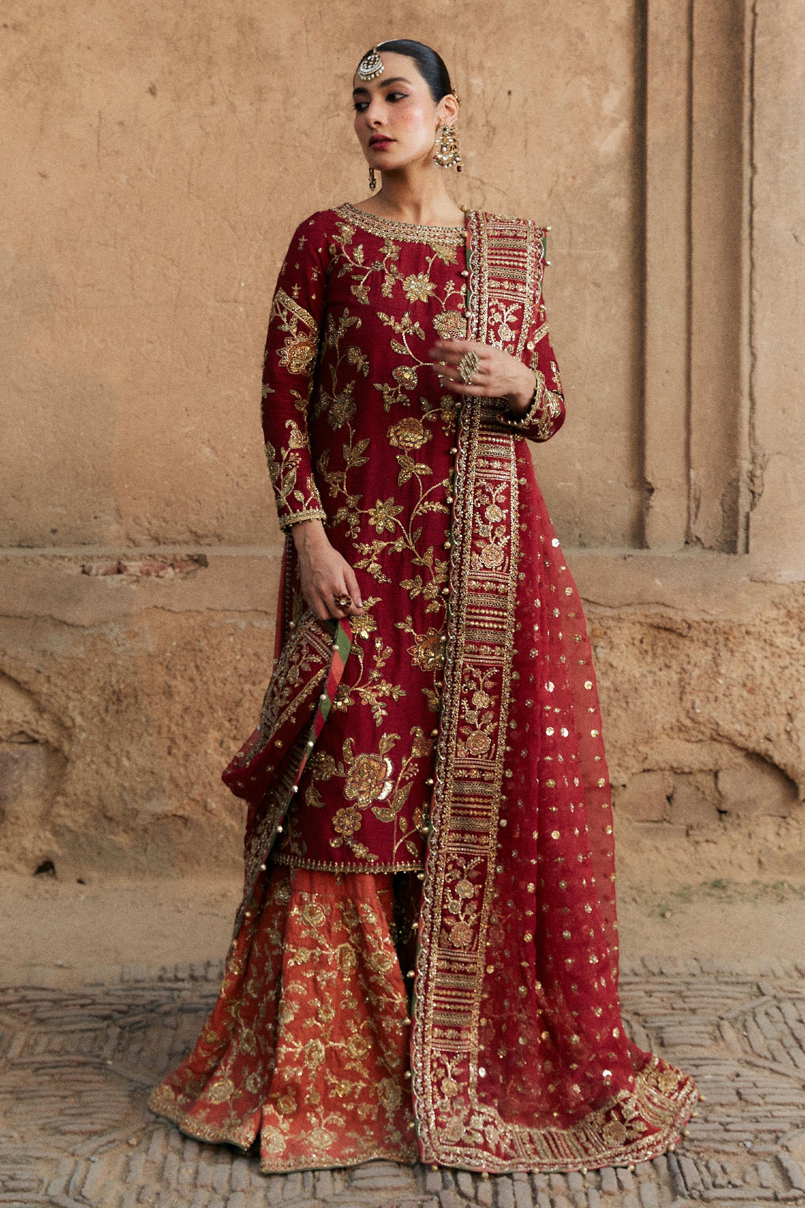 Pakistani Deep Red Adda Work Korean Silk Gharara (3-Piece) - Image 1