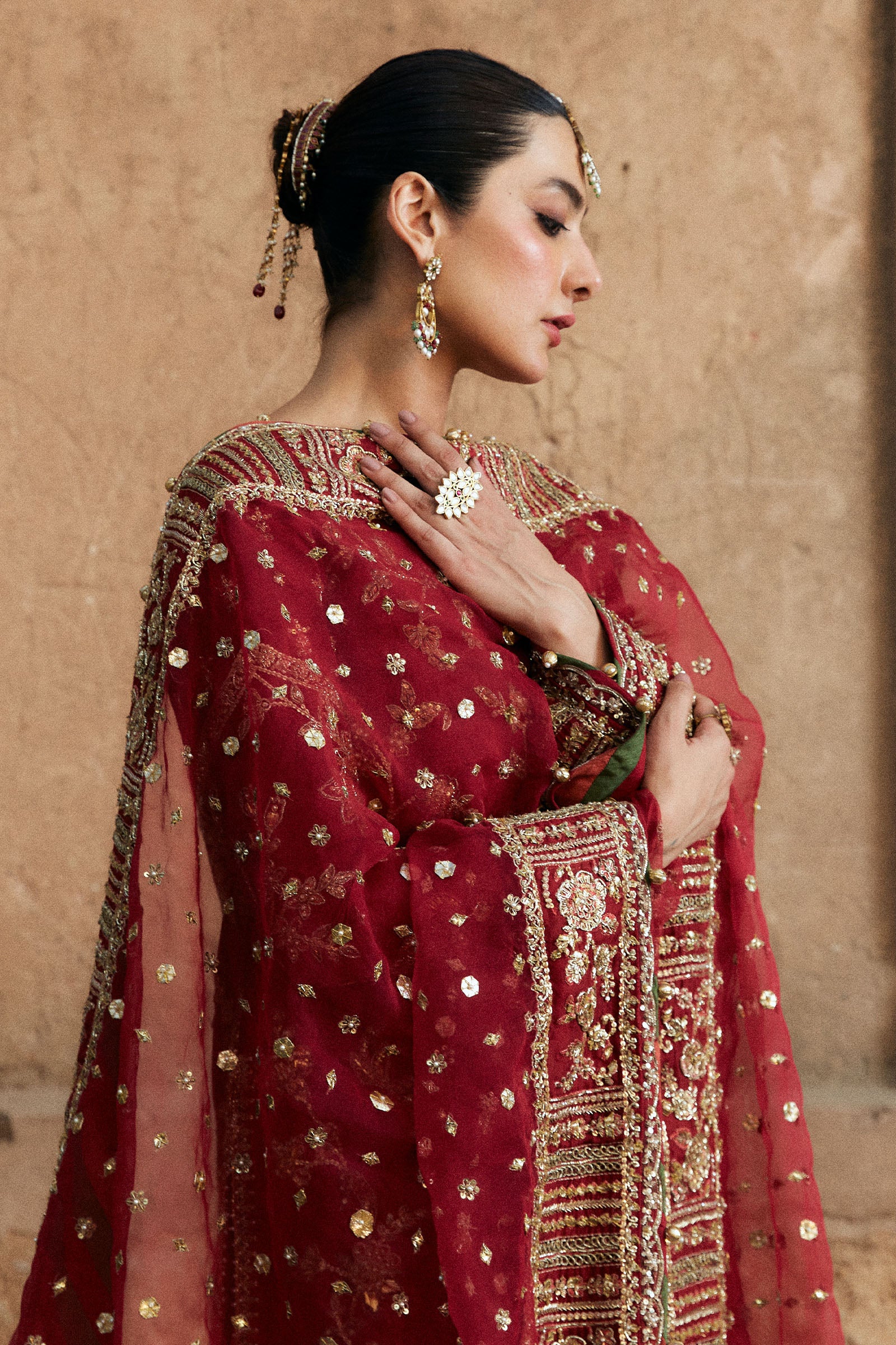 Pakistani Deep Red Adda Work Korean Silk Gharara (3-Piece) - Image 2