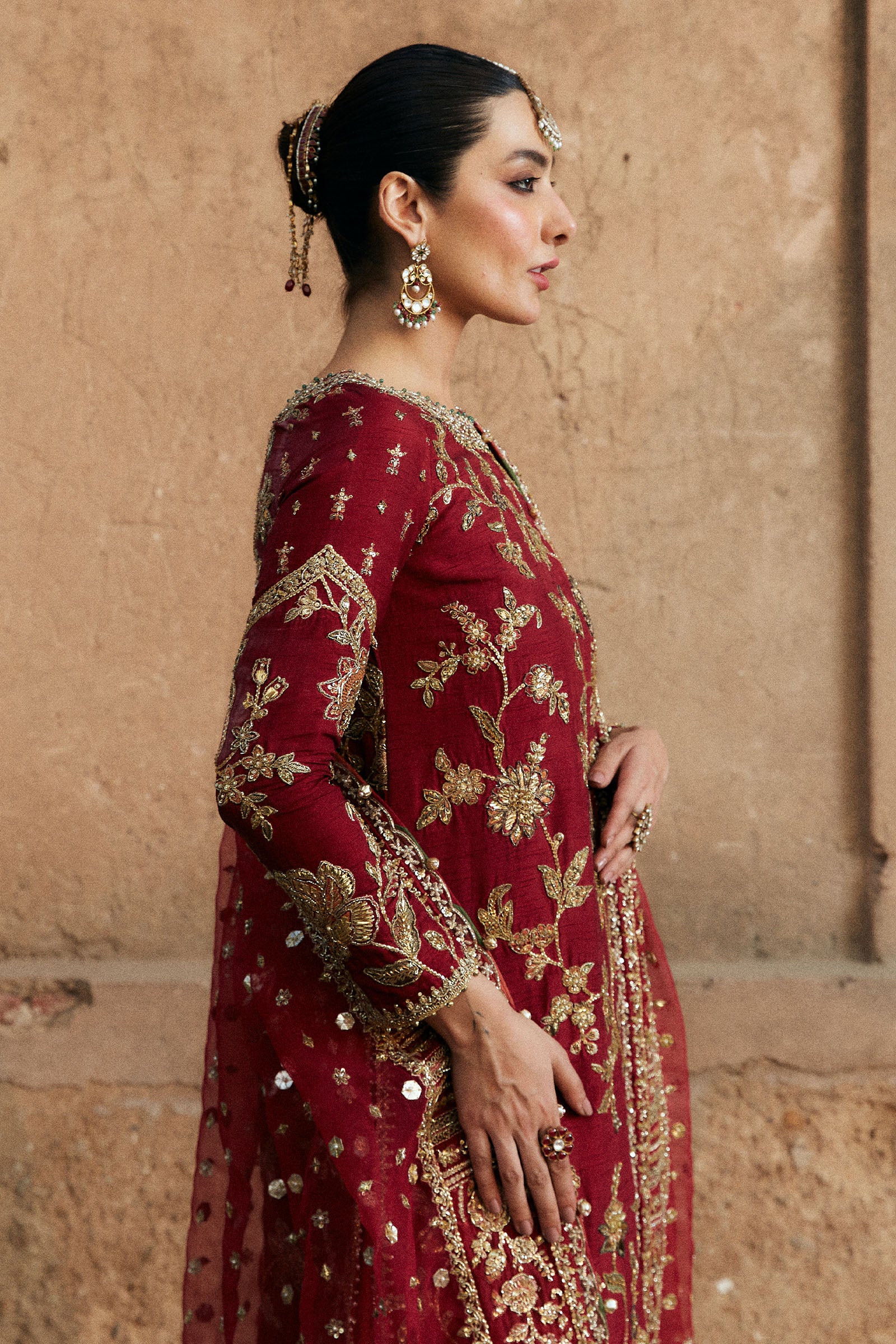 Pakistani Deep Red Adda Work Korean Silk Gharara (3-Piece) - Image 3