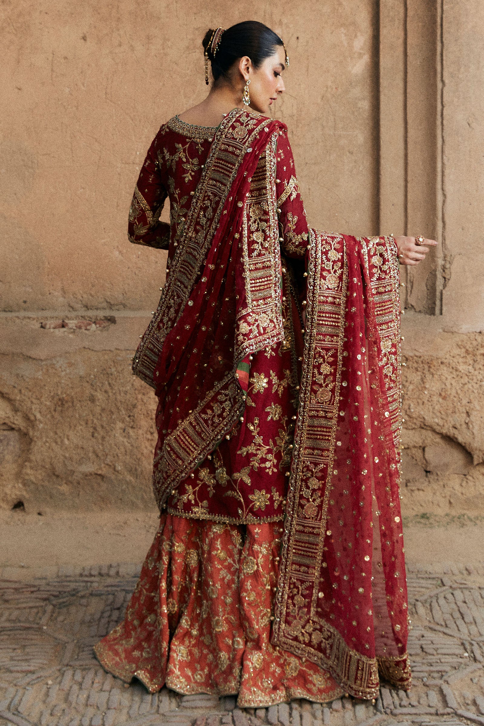 Pakistani Deep Red Adda Work Korean Silk Gharara (3-Piece) - Image 4