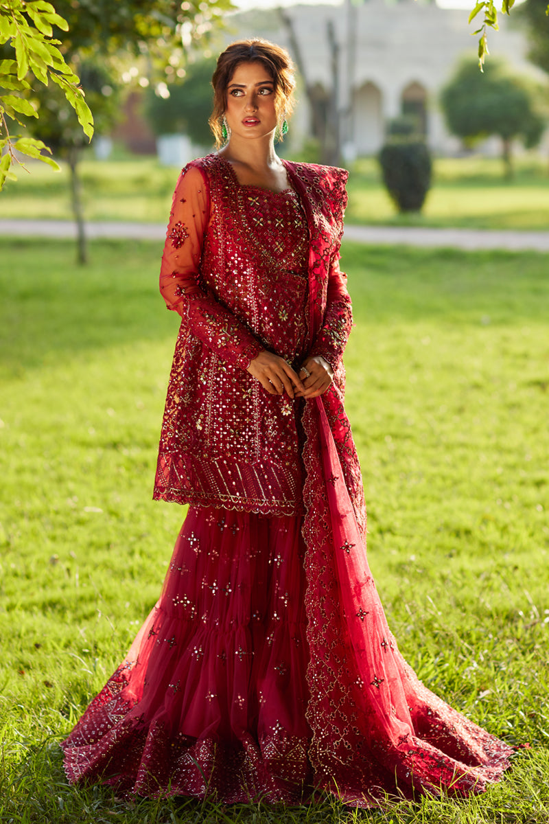 Deep Red Handcrafted Gotta Net Gharara (3-Piece) - Image 1
