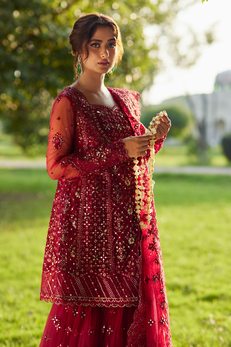 Deep Red Handcrafted Gotta Net Gharara (3-Piece) - Image 3