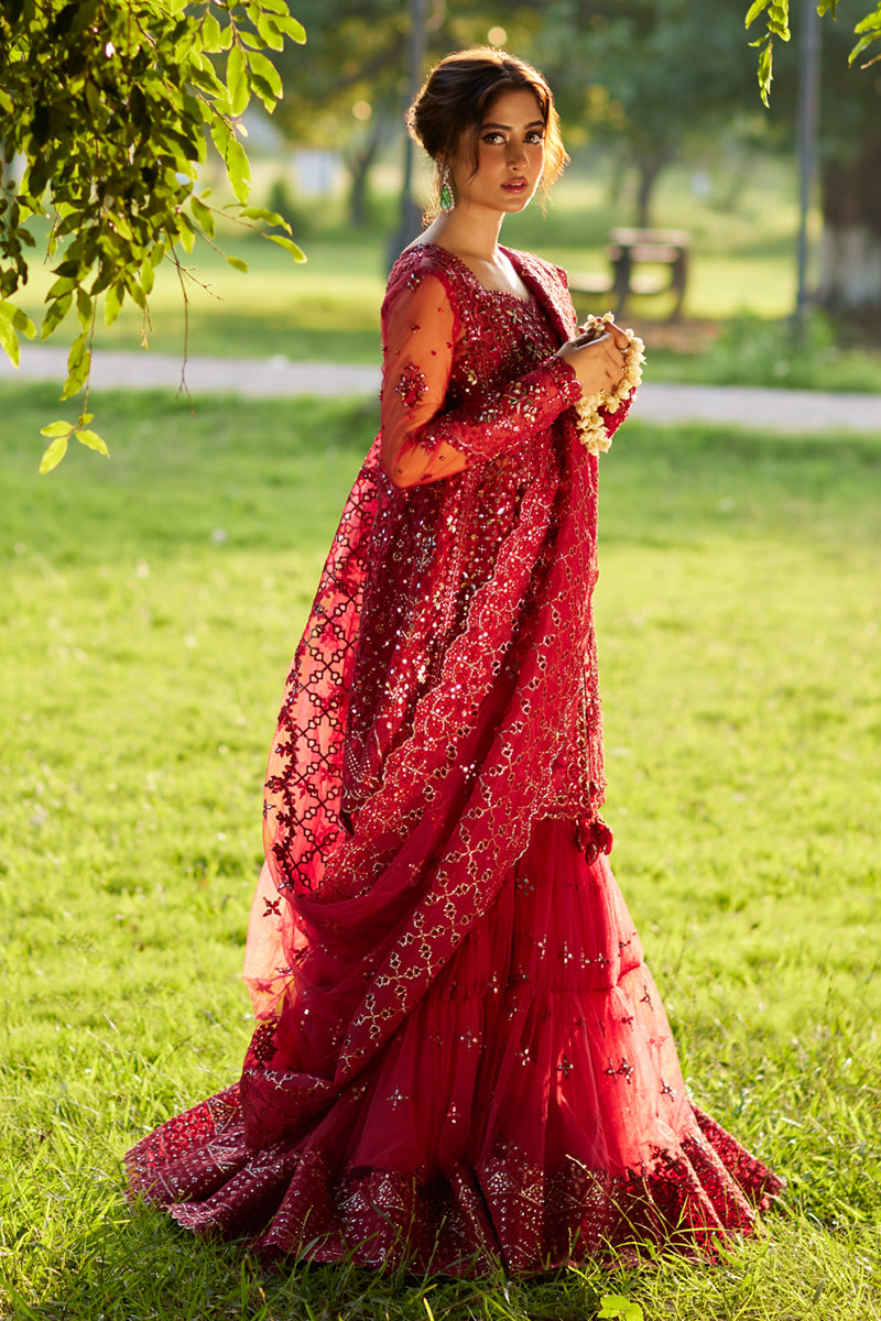Deep Red Handcrafted Gotta Net Gharara (3-Piece) - Image 4