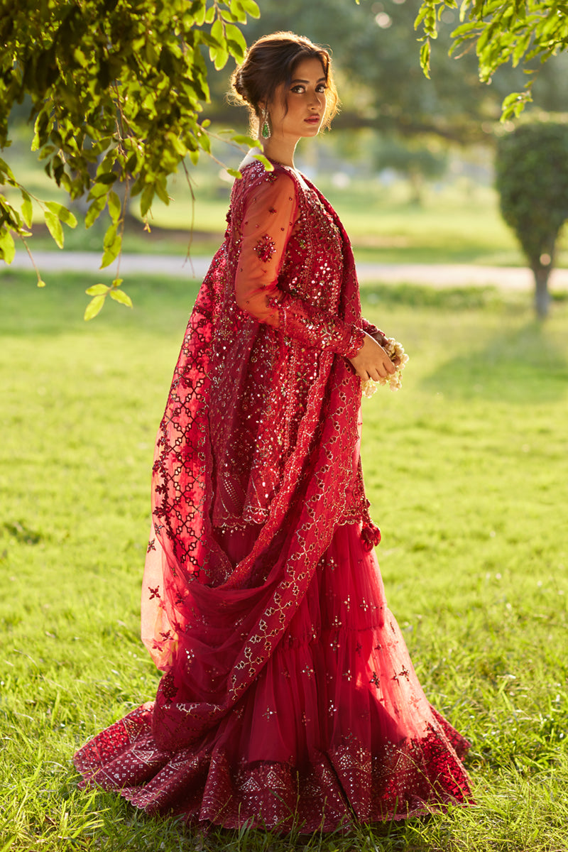 Deep Red Handcrafted Gotta Net Gharara (3-Piece) - Image 5