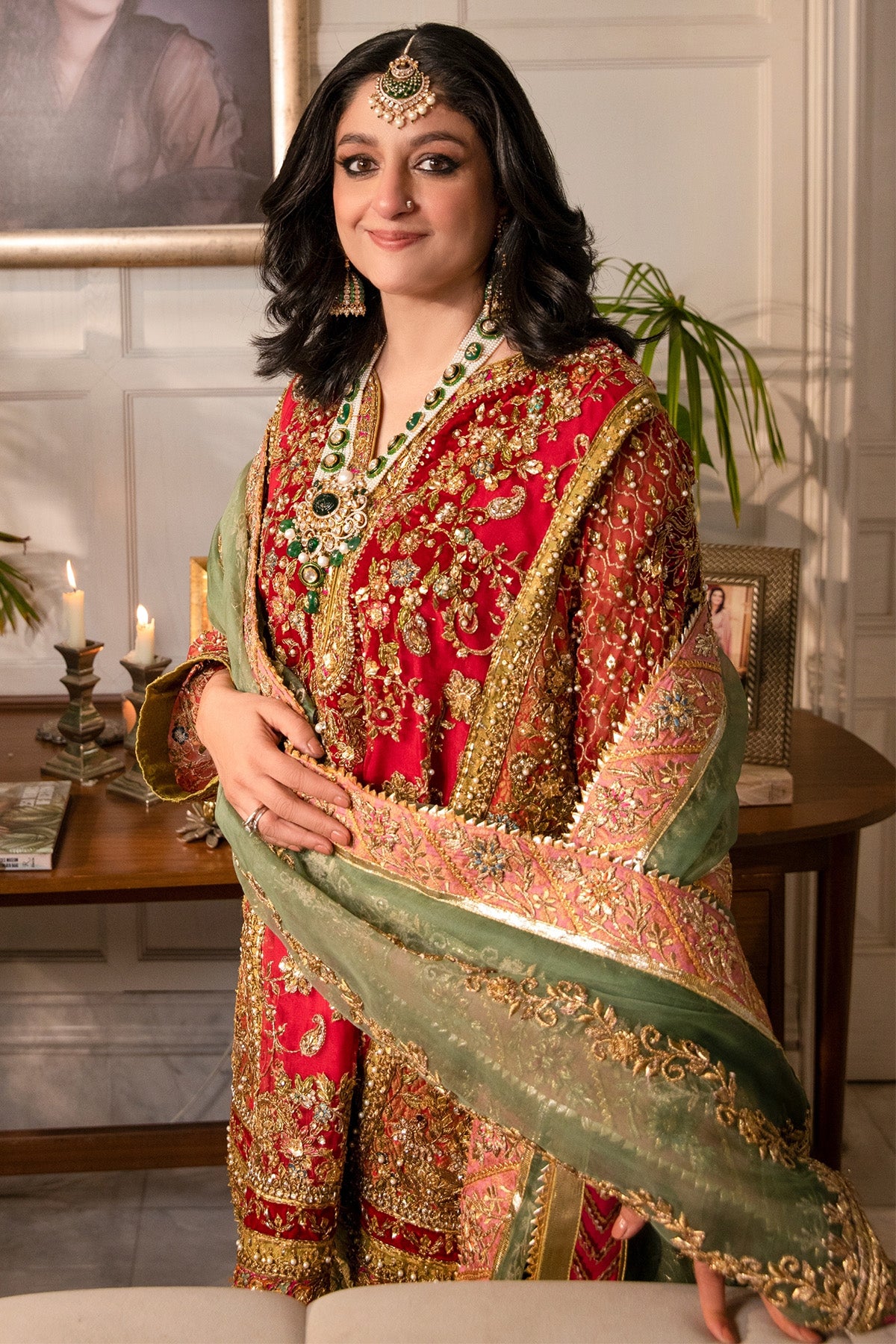 Red Gota Zardozi Organza & Jamawar Farshi Gharara (3-Piece) - Image 1