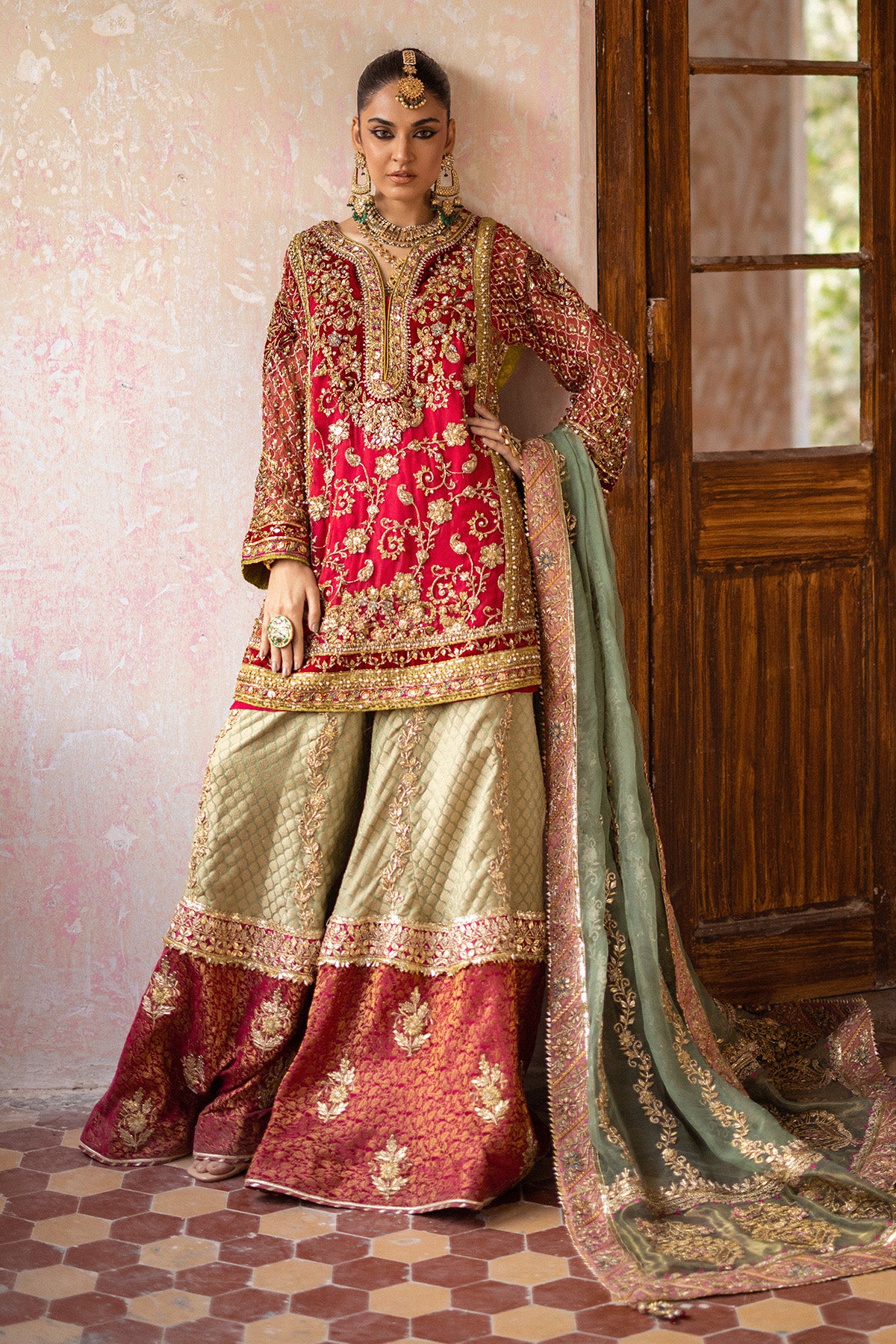 Red Gota Zardozi Organza & Jamawar Farshi Gharara (3-Piece) - Image 2