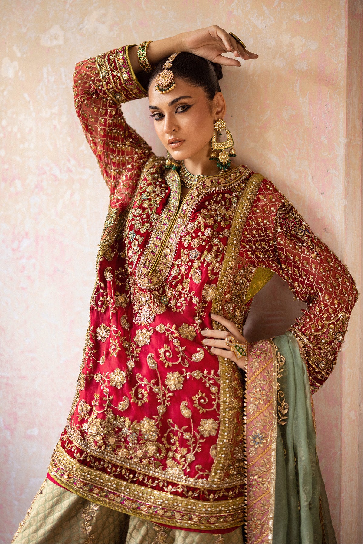 Red Gota Zardozi Organza & Jamawar Farshi Gharara (3-Piece) - Image 3