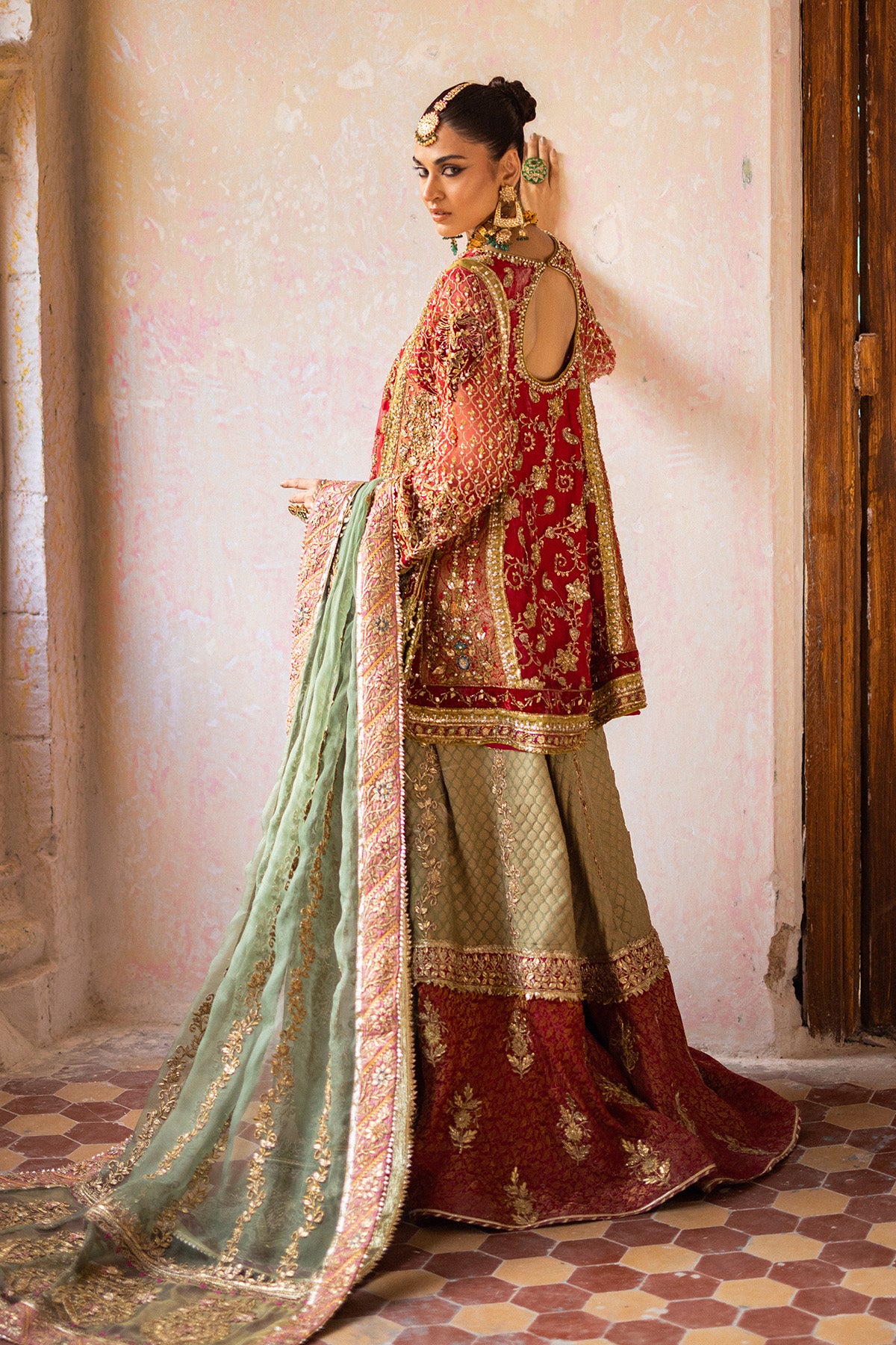 Red Gota Zardozi Organza & Jamawar Farshi Gharara (3-Piece) - Image 4