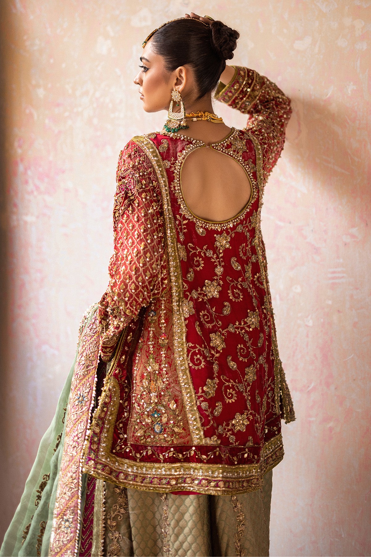 Red Gota Zardozi Organza & Jamawar Farshi Gharara (3-Piece) - Image 5