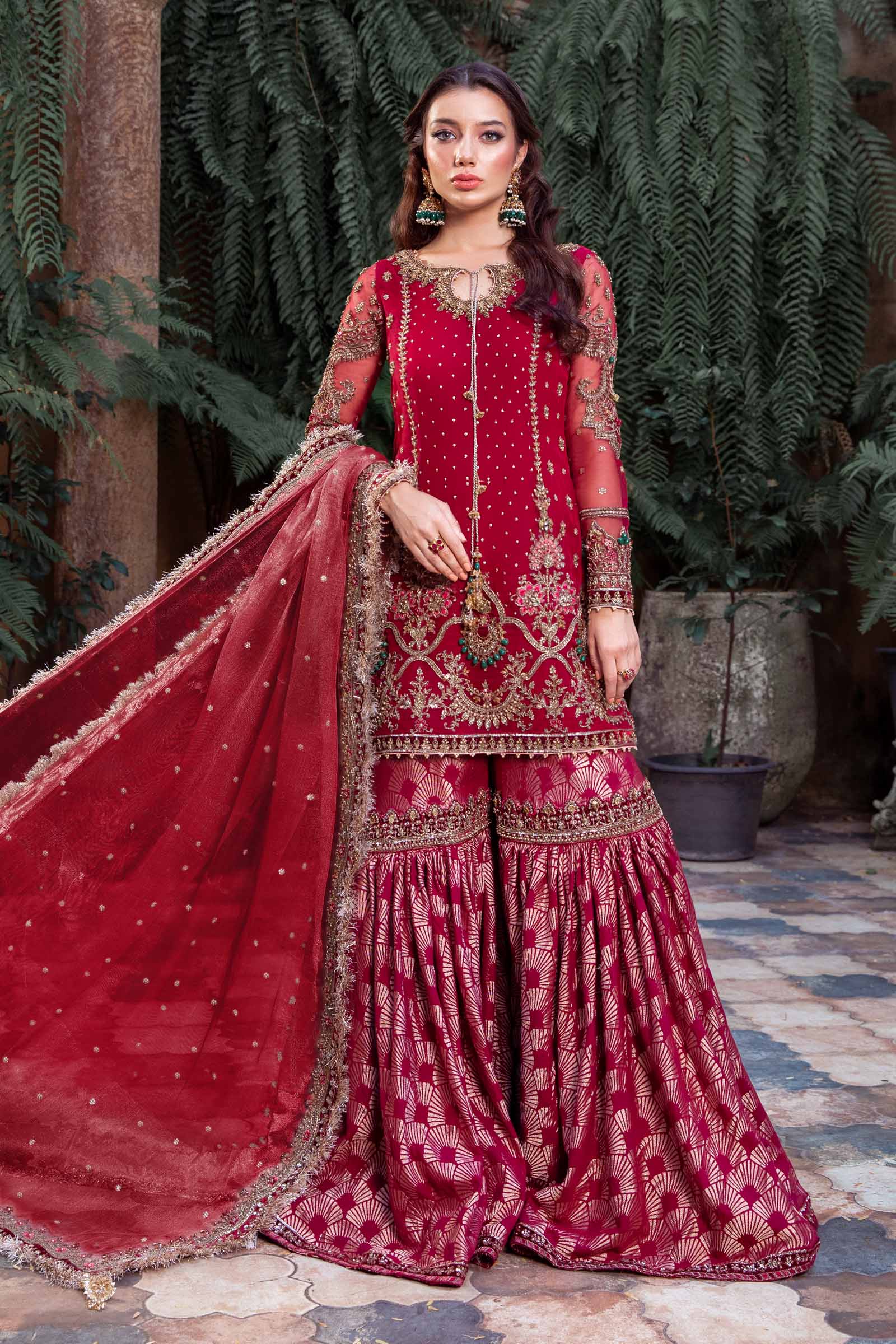 Pakistani Red Embroidered Organza & Jamawar Gharara (3-Piece) - Image 3