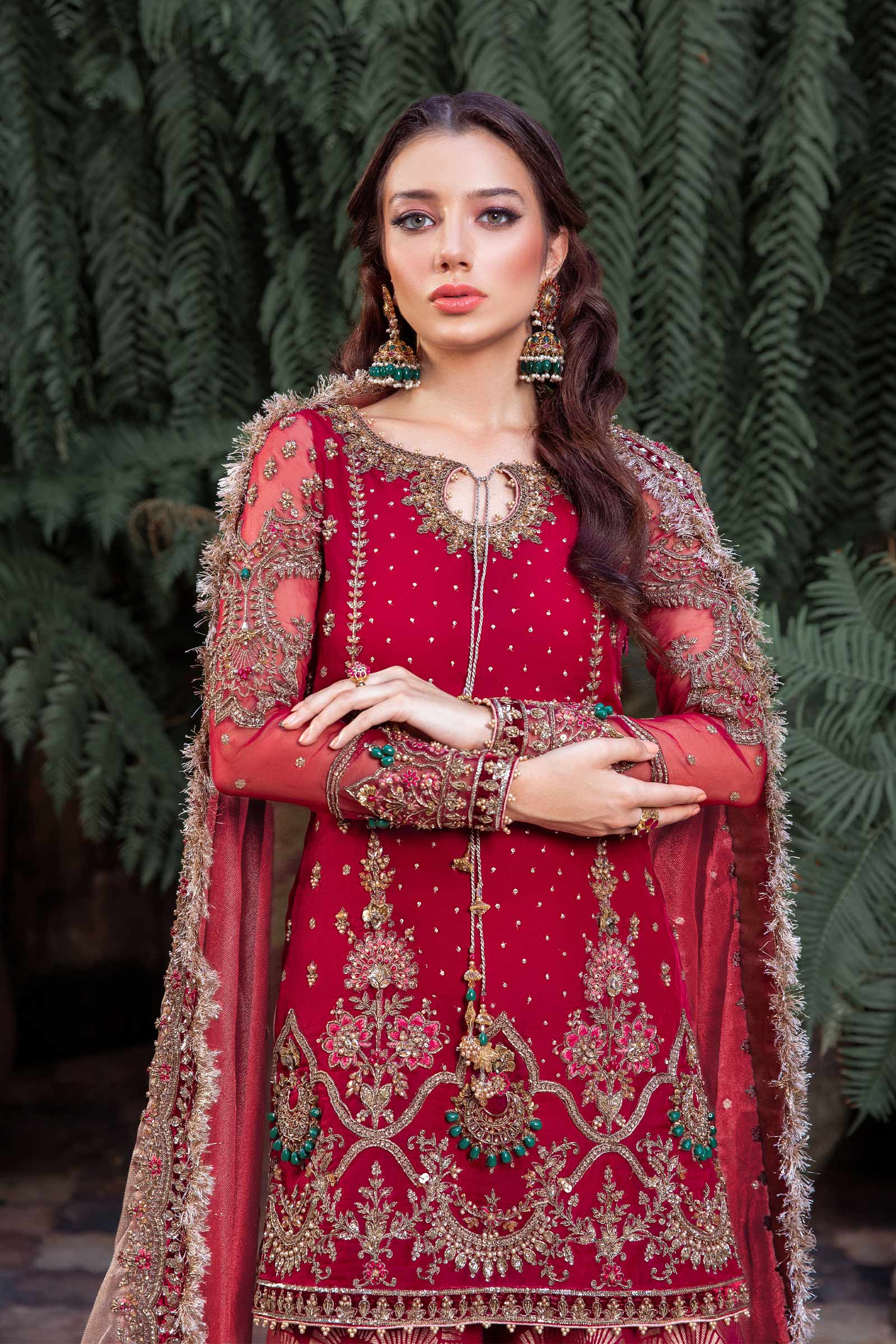 Pakistani Red Embroidered Organza & Jamawar Gharara (3-Piece) - Image 4