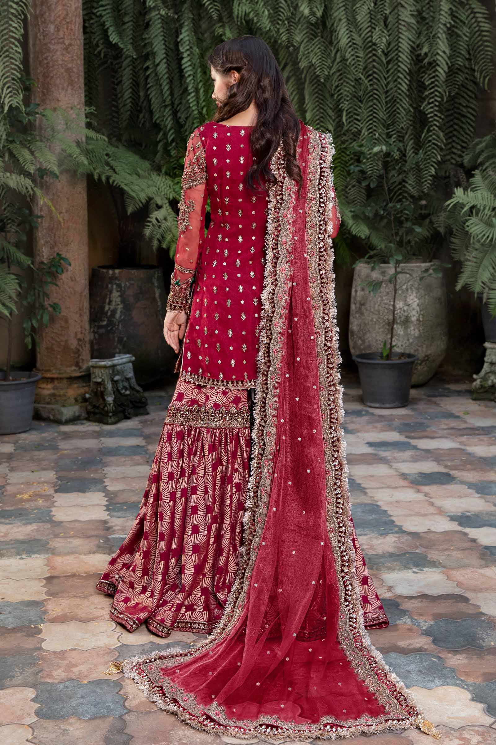 Pakistani Red Embroidered Organza & Jamawar Gharara (3-Piece) - Image 7