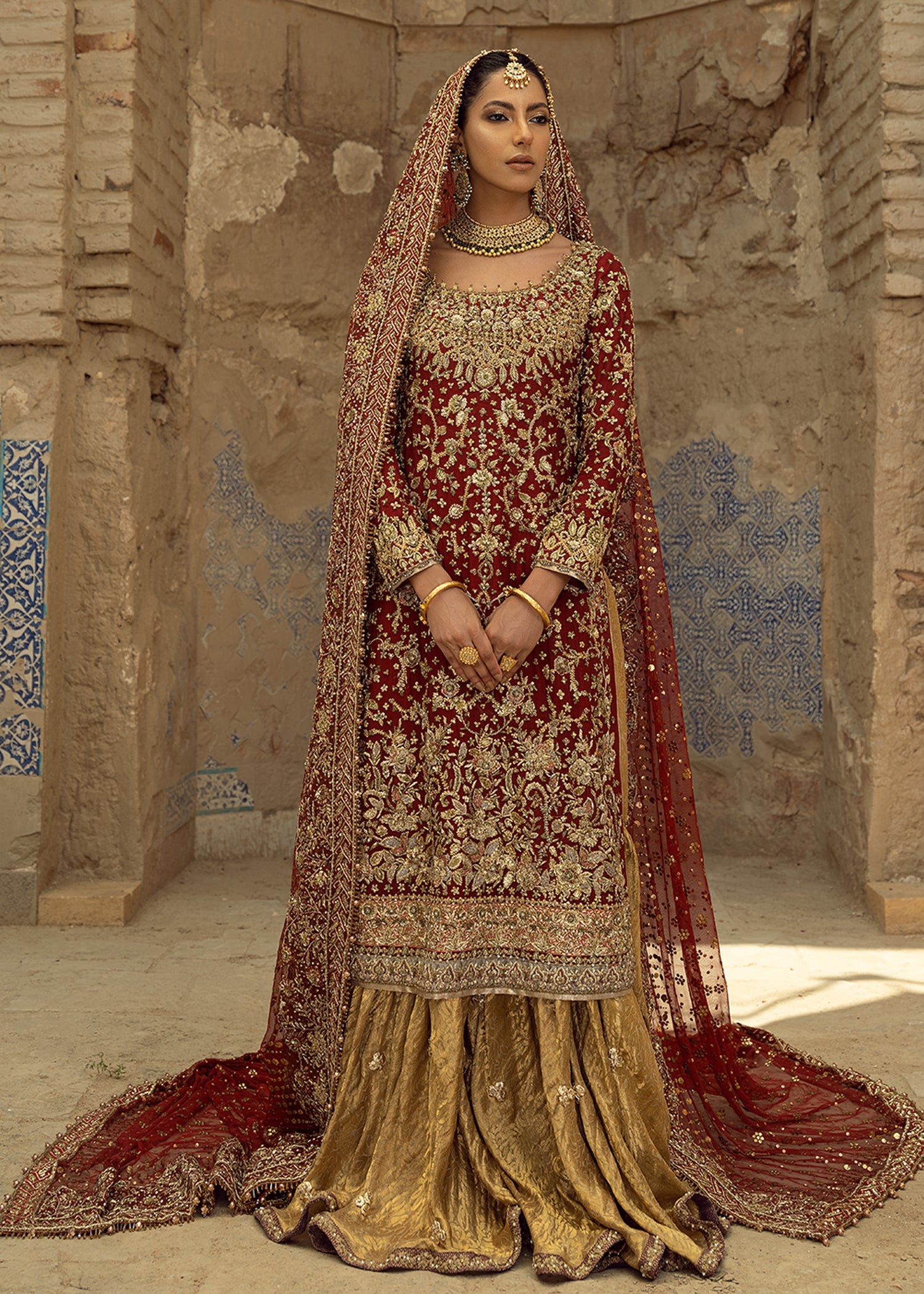 Pakistani Scarlet Red Zardozi Silk Mesori Gharara (3-Piece) - Image 1
