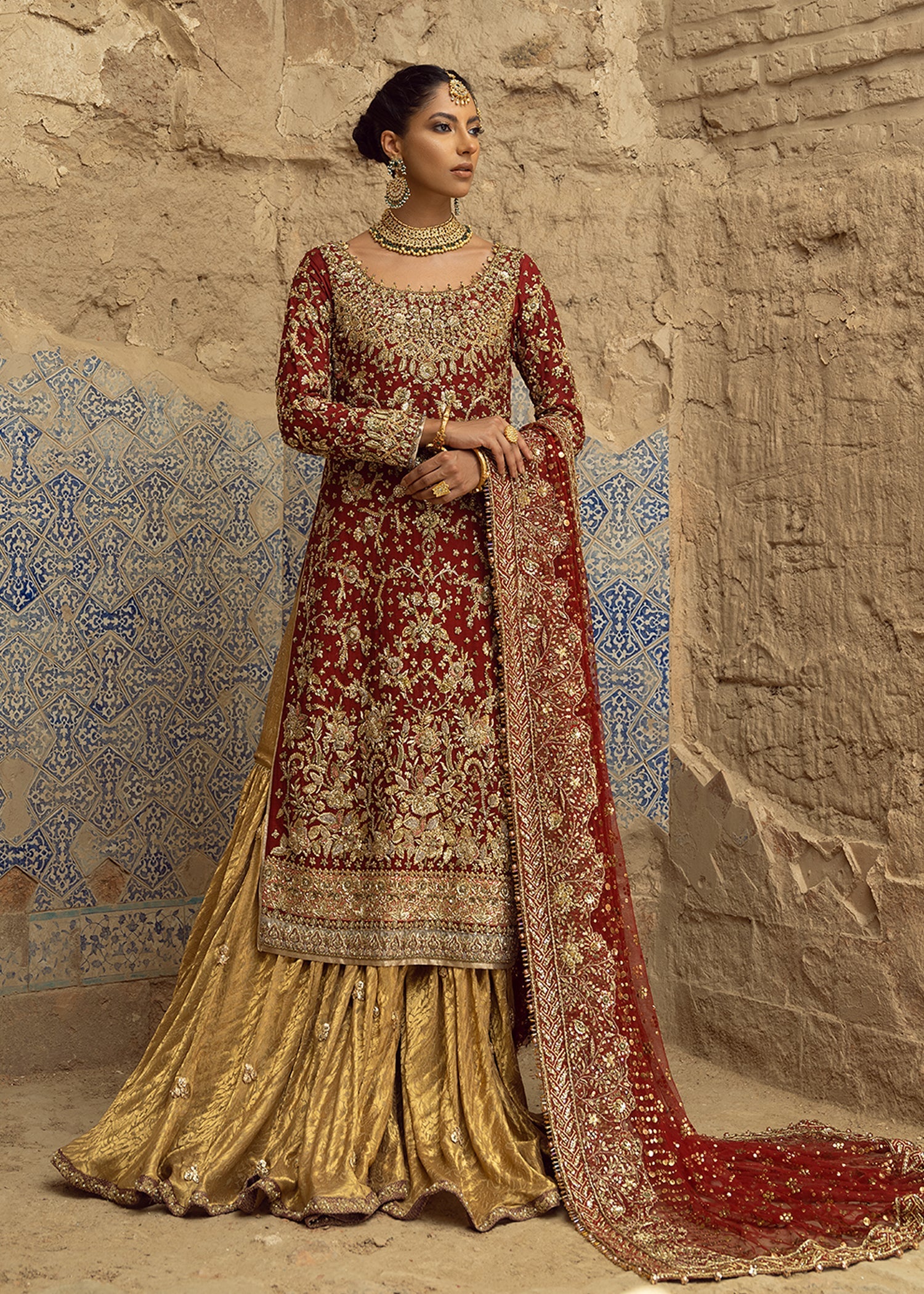 Pakistani Scarlet Red Zardozi Silk Mesori Gharara (3-Piece) - Image 2